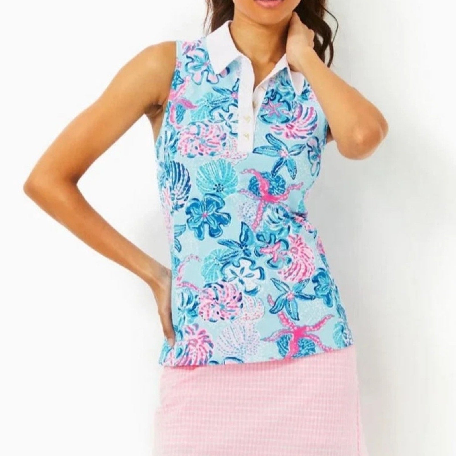 LILLY PULITZER BAHAMAS BEACHCOMBER LUXLETIC IMARA POLO TOP UPF 50+ - size M