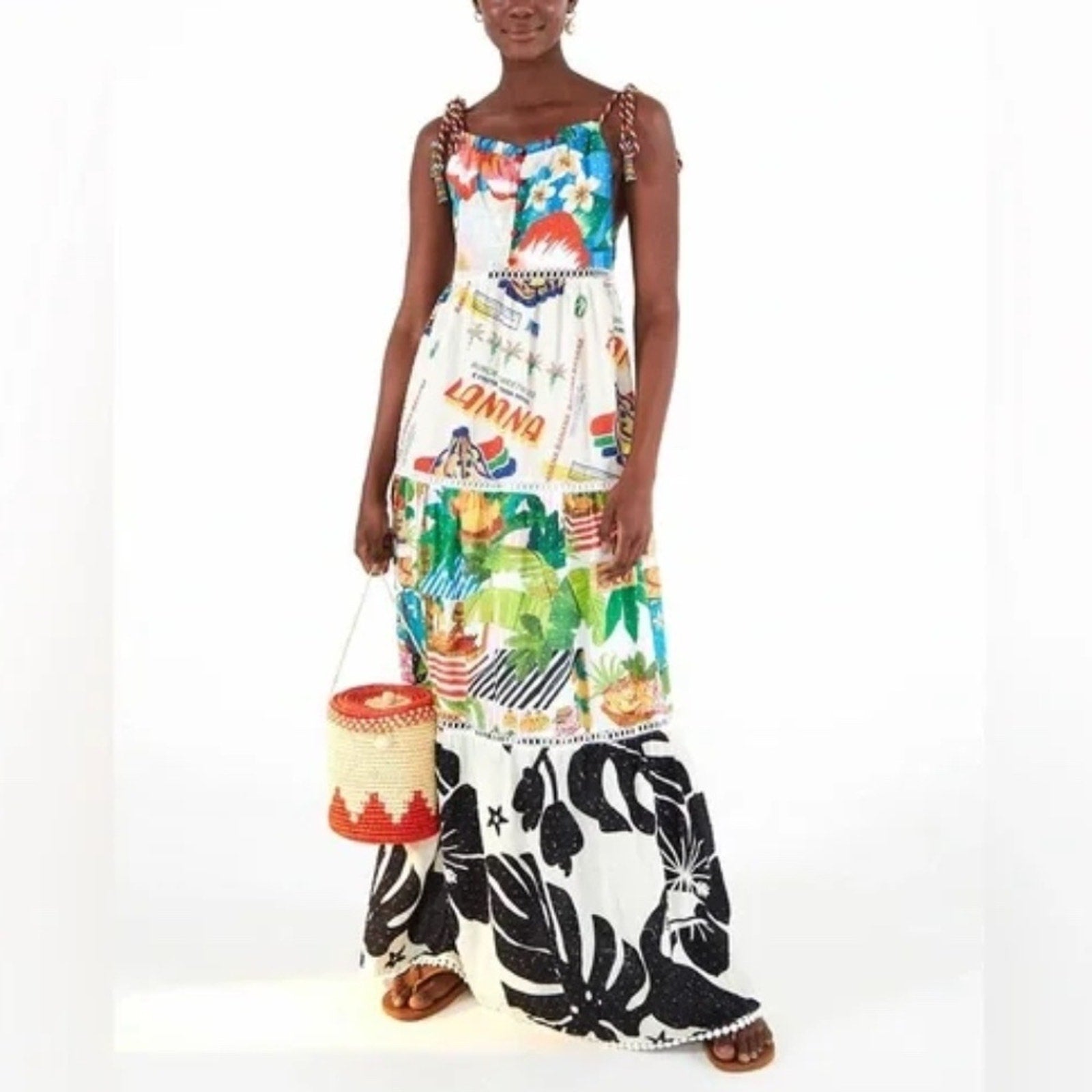 Farm Rio Maxi Dress Tiered Banana Floral Tropical Beaded Rope Straps - size S