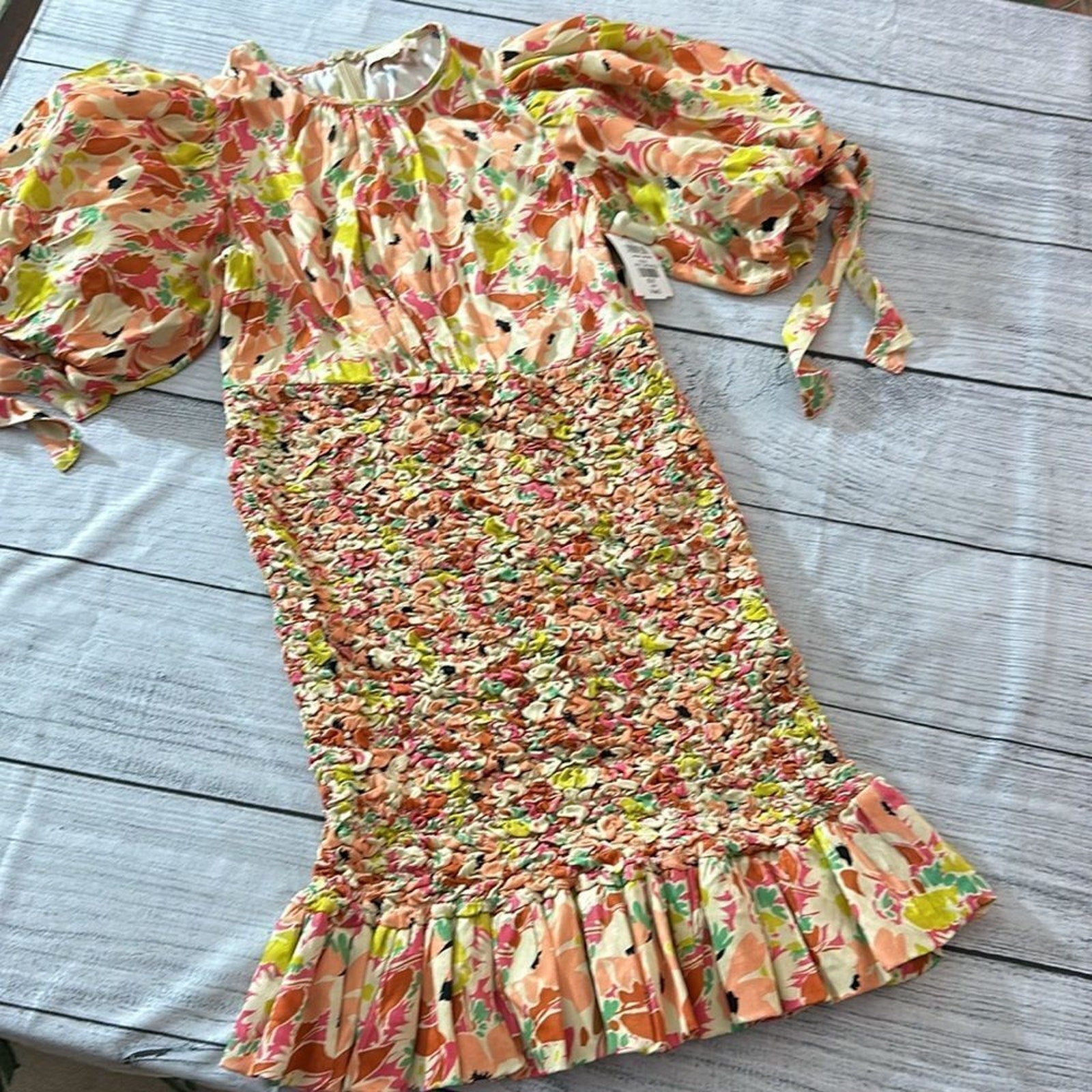 NEW BYTIMO Shirred floral-print satin-crepe mini dress - size XS