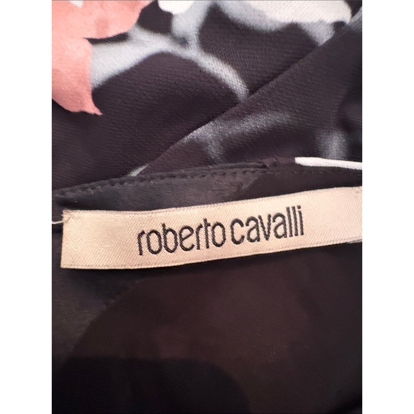ROBERTO CAVALLI  BLACK LEAF PRINT V-NECK DRESS  - XS