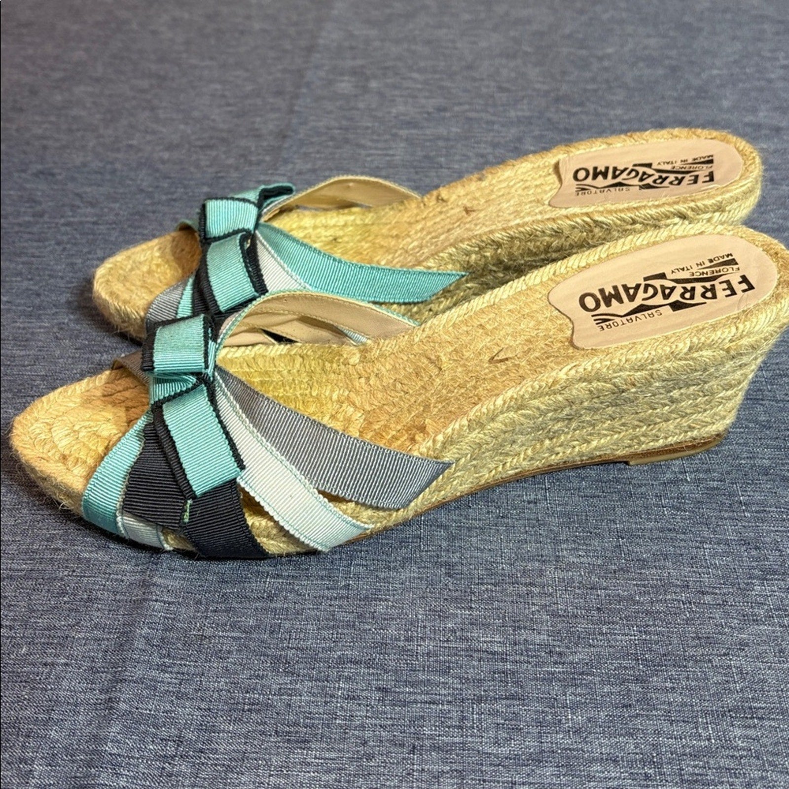 SALVATORE FERRAGAMO Blue Ribbon Espadrille Wedge Sandals 8.5 B