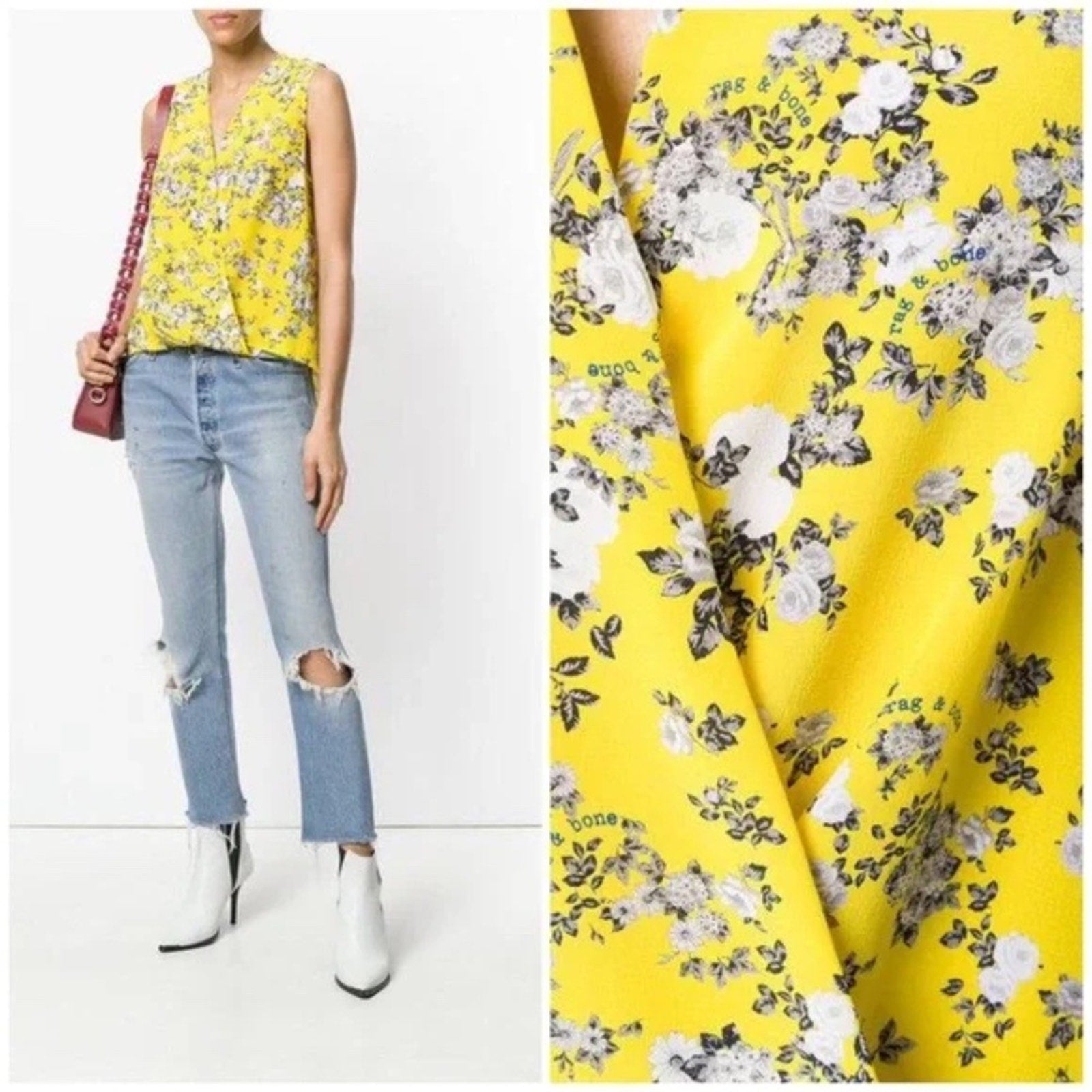 Rag & Bone Victor Silk Floral Top yellow - size M