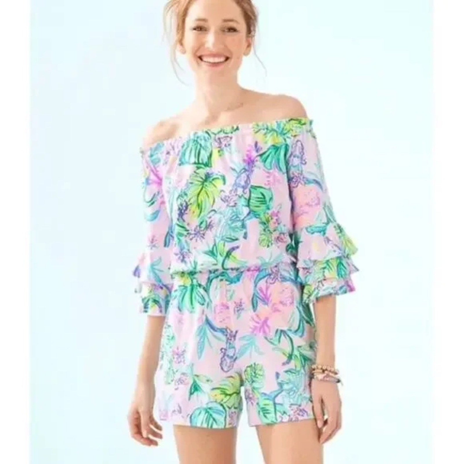 LILLY PULITZER Romper Pink Lime-Green”Calla”Off/On-Shoulder Ruffle Flounce - XS