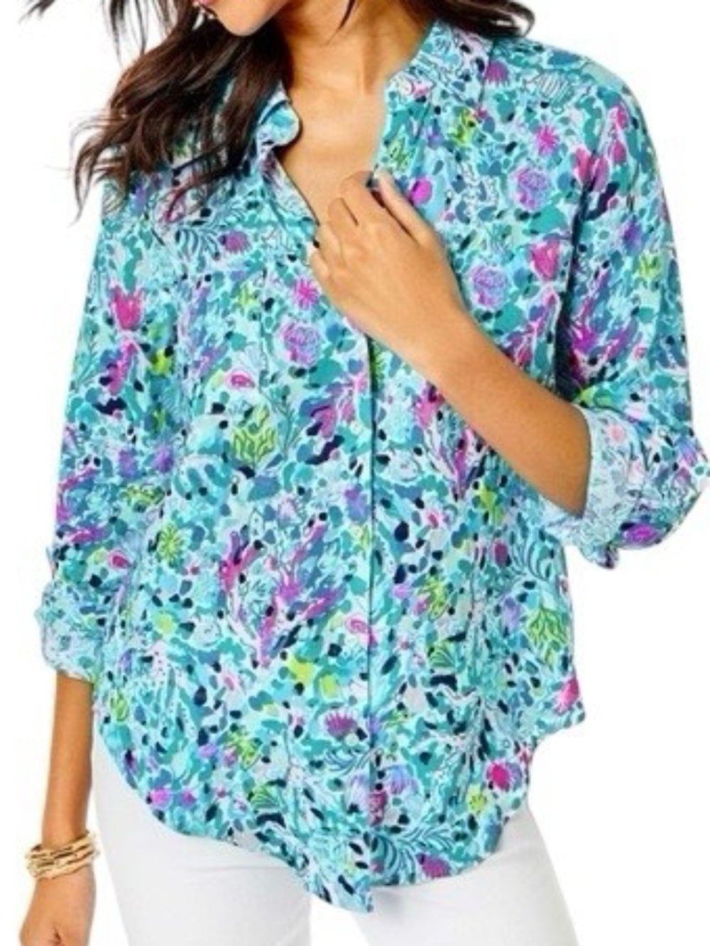 Lilly Pulitzer Sea View Linen Button Down Top Blue Multi Dive Bar - Large 🌟 - Image 1