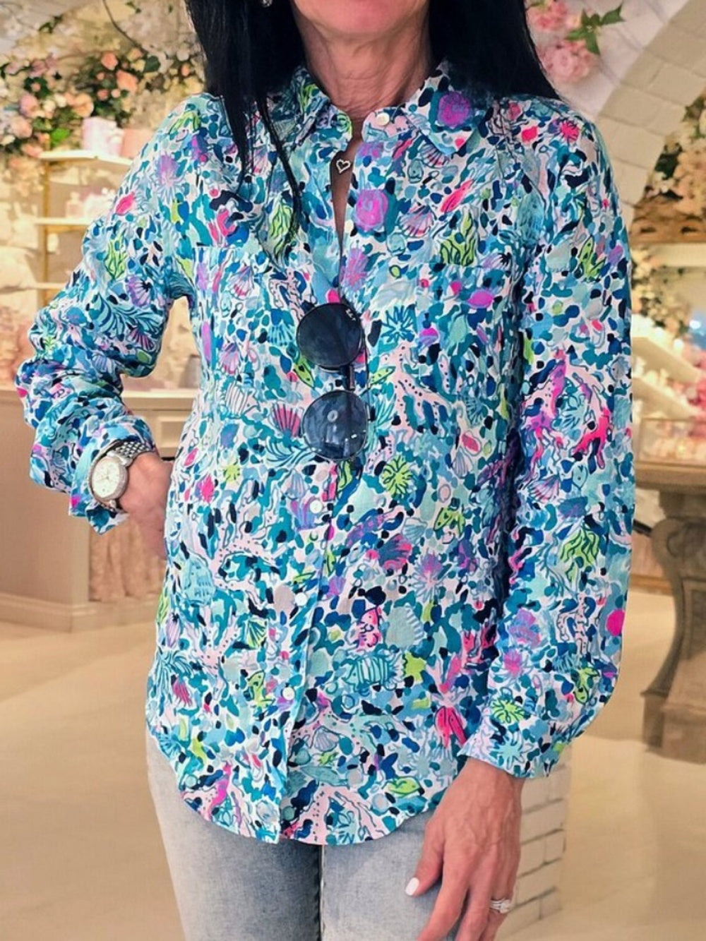 Lilly Pulitzer Sea View Linen Button Down Top Blue Multi Dive Bar - Large 🌟 - Image 3