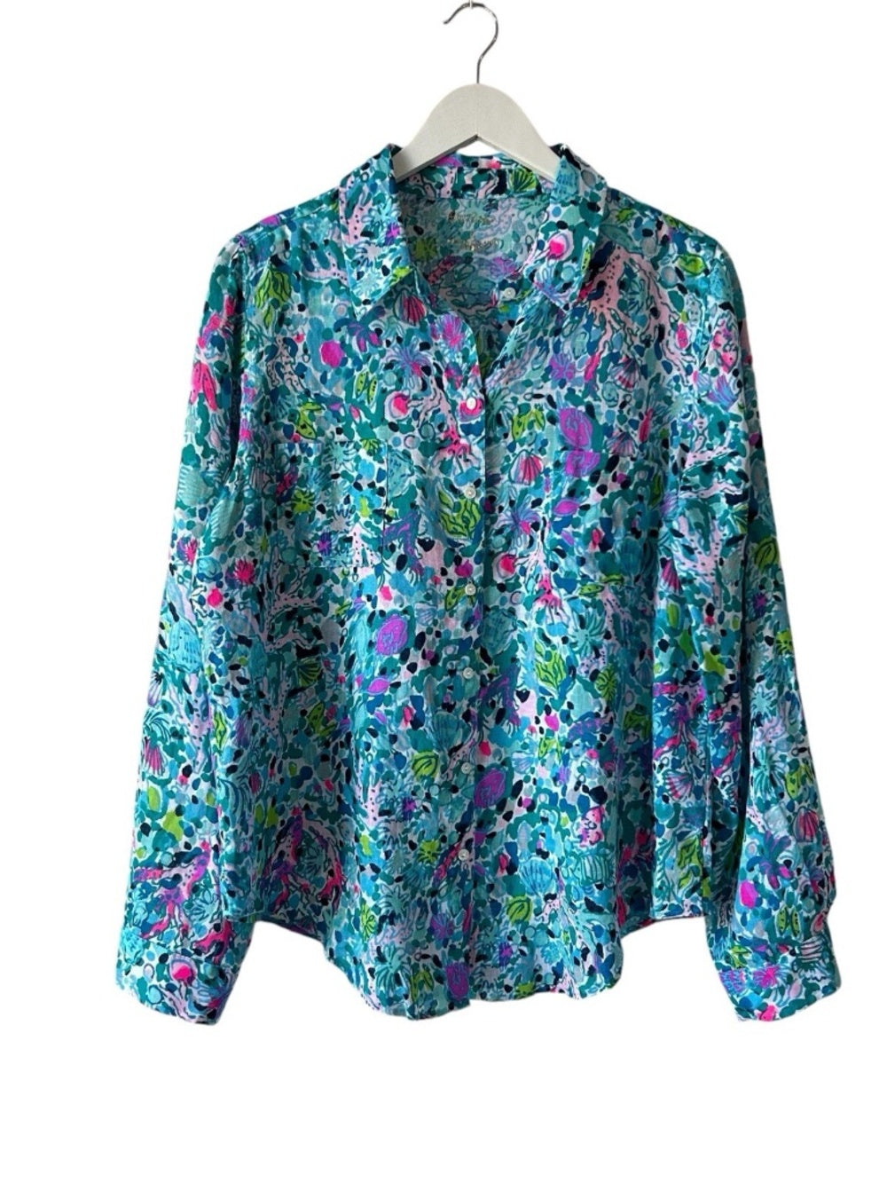 Lilly Pulitzer Sea View Linen Button Down Top Blue Multi Dive Bar - Large 🌟 - Image 4