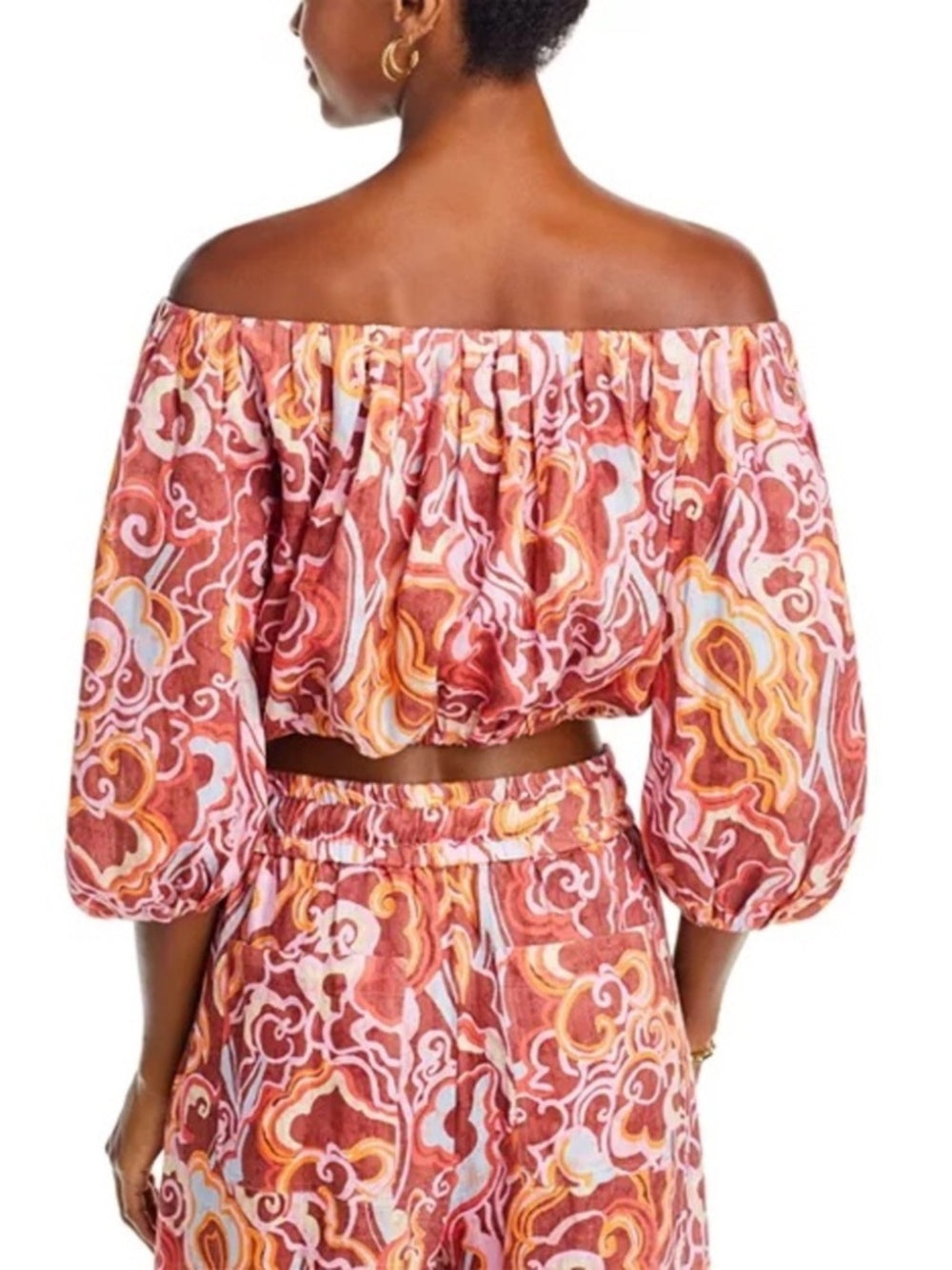 A.L.C. Katherine Printed Off-The-Shoulder Crop Top Pink Orange Linen - size S - Image 2