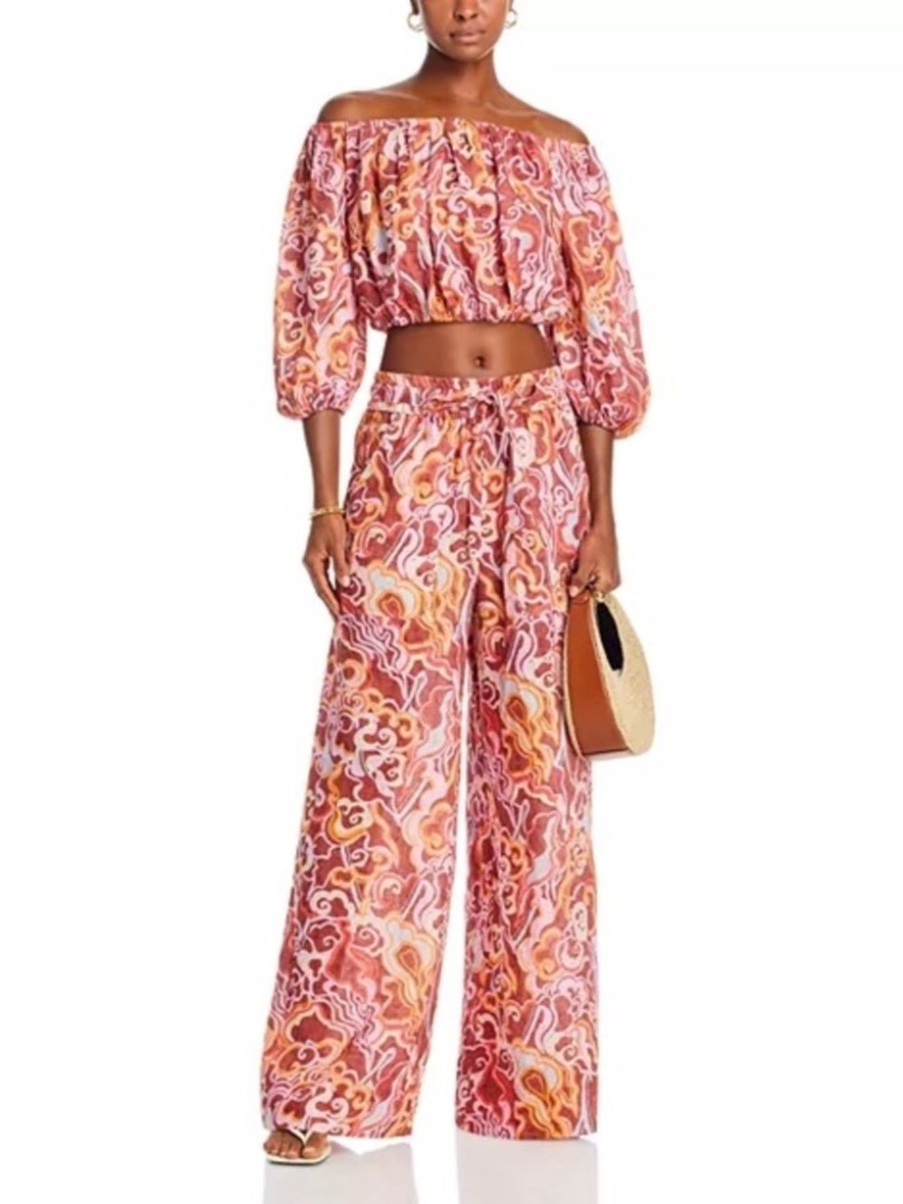 A.L.C. Katherine Printed Off-The-Shoulder Crop Top Pink Orange Linen - size S - Image 3