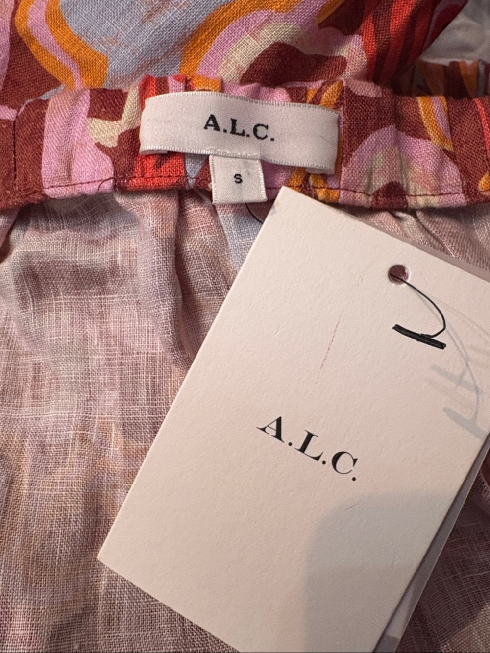 A.L.C. Katherine Printed Off-The-Shoulder Crop Top Pink Orange Linen - size S - Image 5