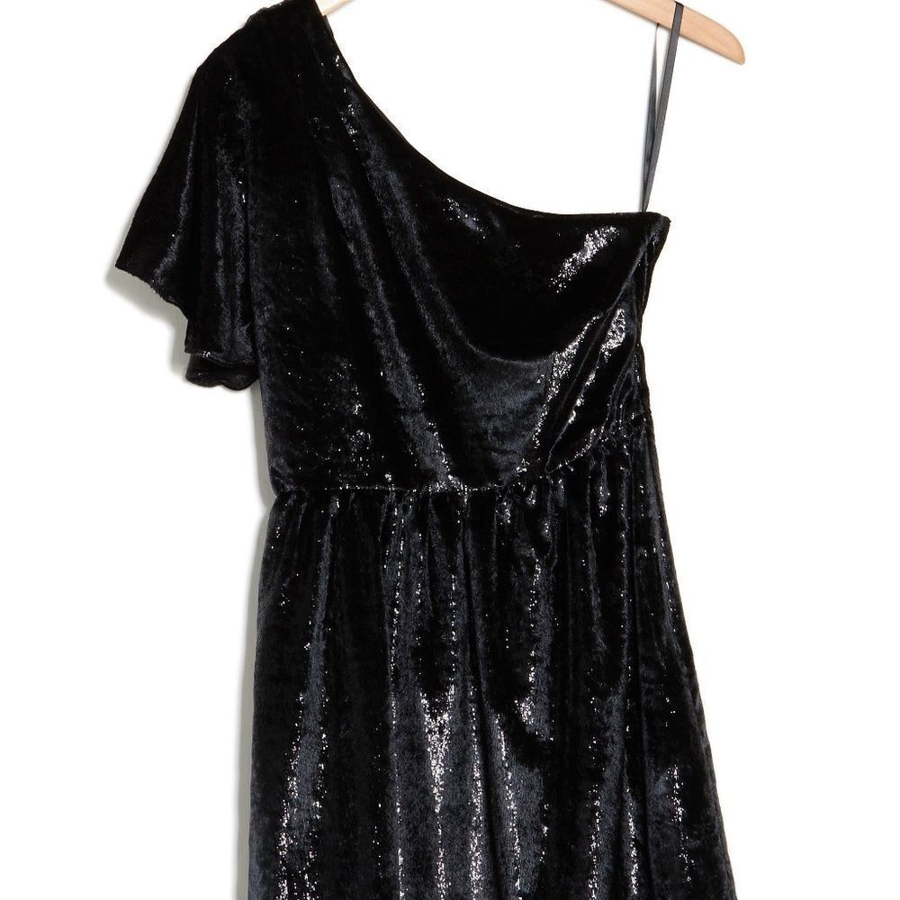NEW 7 for All Mankind One Shoulder Metallic Velour Fit & Flare Dress