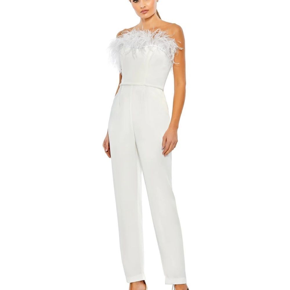 NWT Mac Duggal 68146 STRAPLESS JUMPSUIT WITH FEATHER TRIM