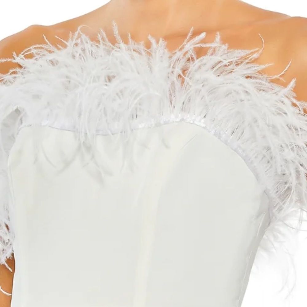 NWT Mac Duggal 68146 STRAPLESS JUMPSUIT WITH FEATHER TRIM