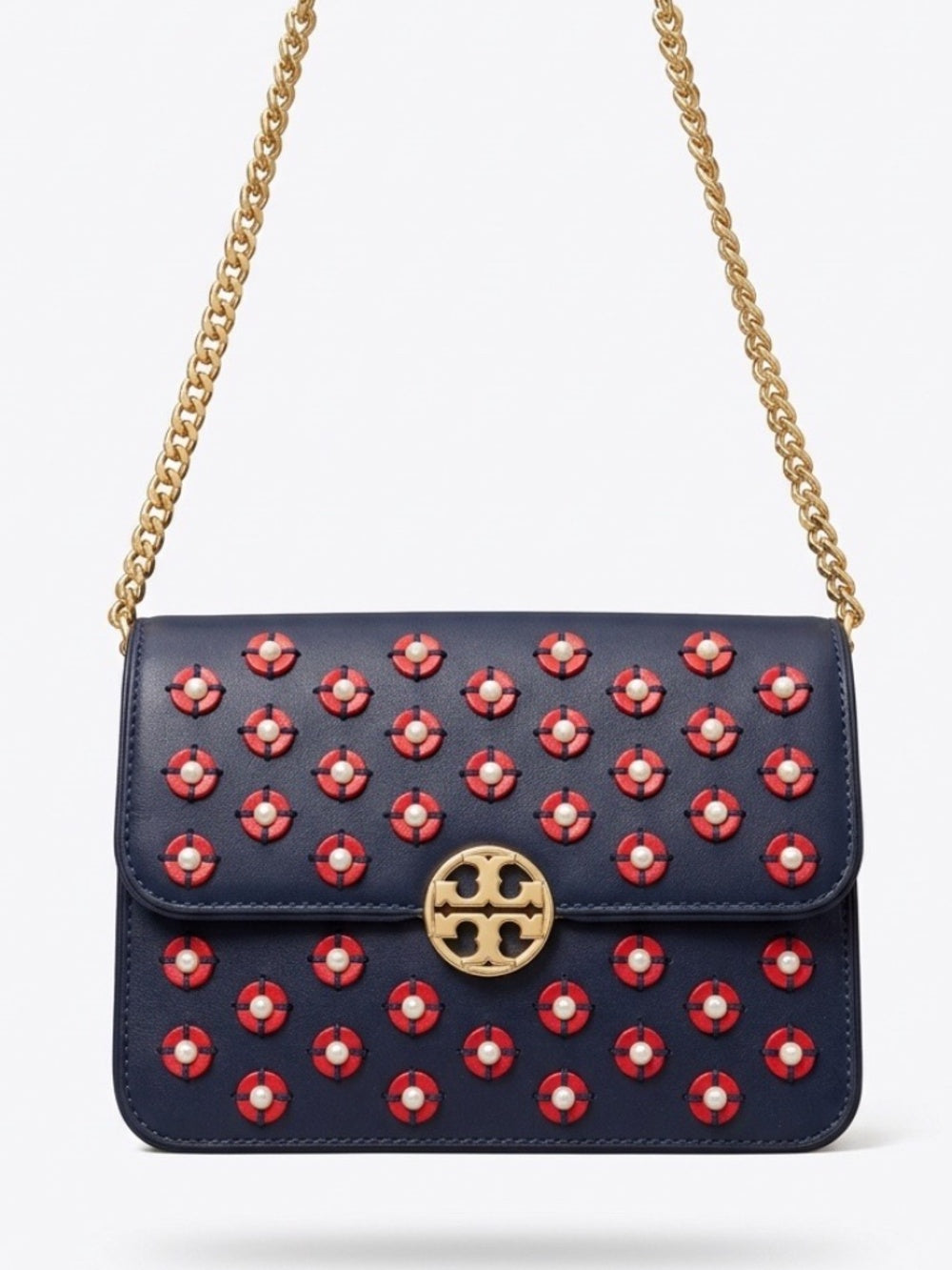 Tory Burch Blue Leather Duet Chain Embellished Shoulder Bag - Image 1
