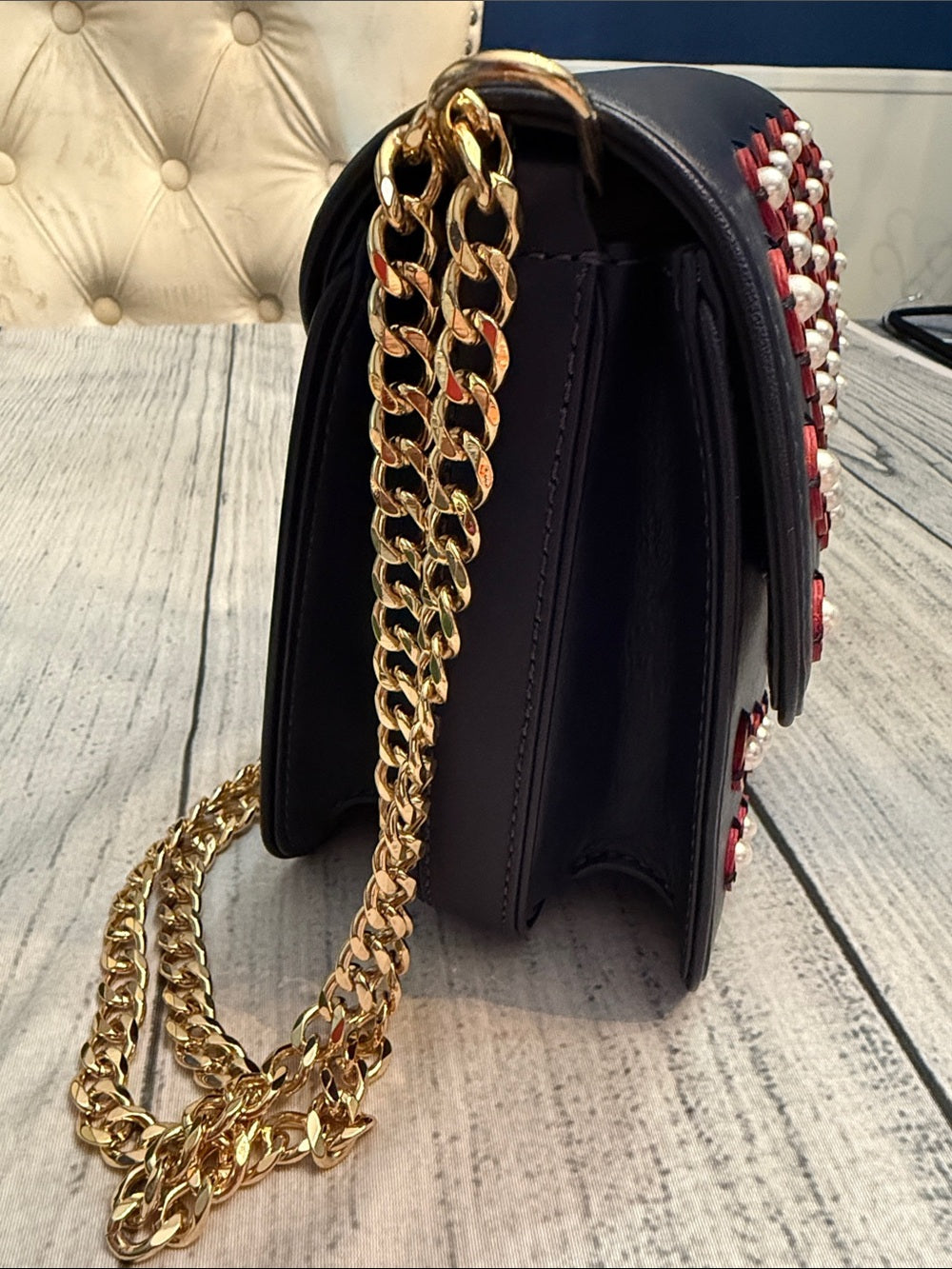 Tory Burch Blue Leather Duet Chain Embellished Shoulder Bag - Image 5