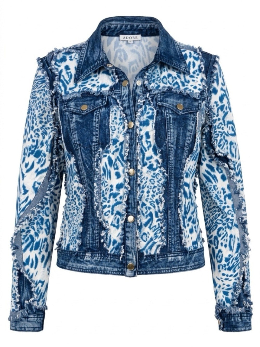 Adore blue Animal Print Denim Jacket with jean panels and Frayed trim -size M 🌟 - Image 1