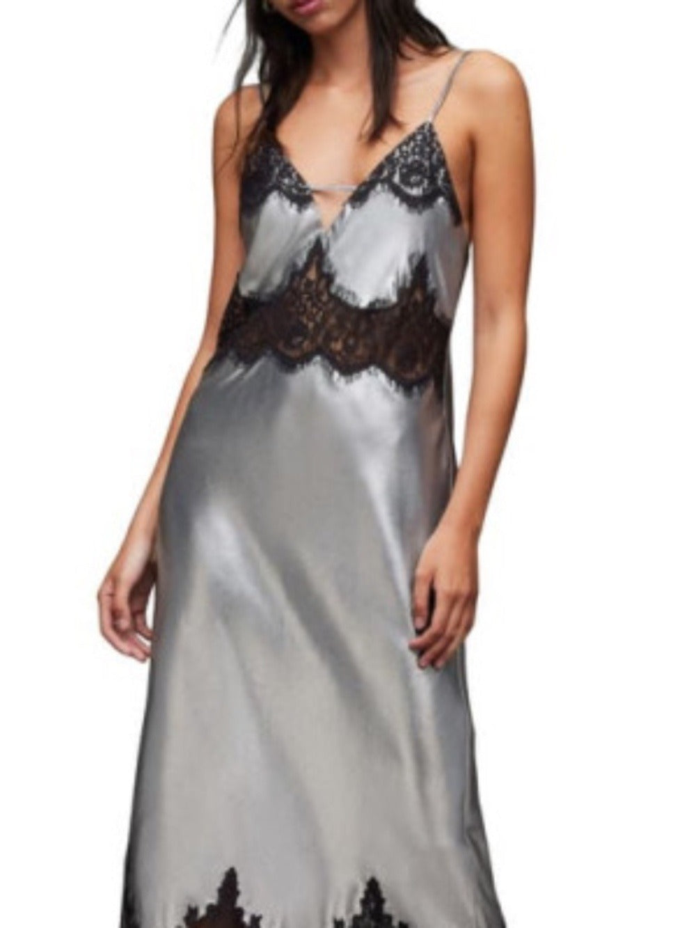 AllSaints Ophelia Metallic Lace Trim Maxi Dress in Gray - size 6 - NWT - Image 4