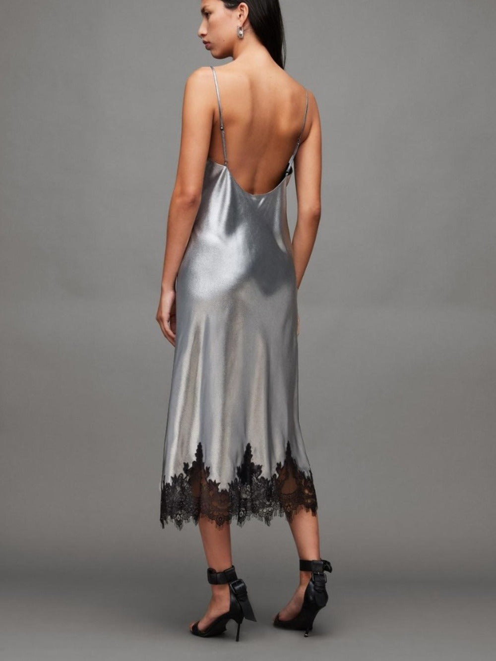 AllSaints Ophelia Metallic Lace Trim Maxi Dress in Gray - size 6 - NWT - Image 3
