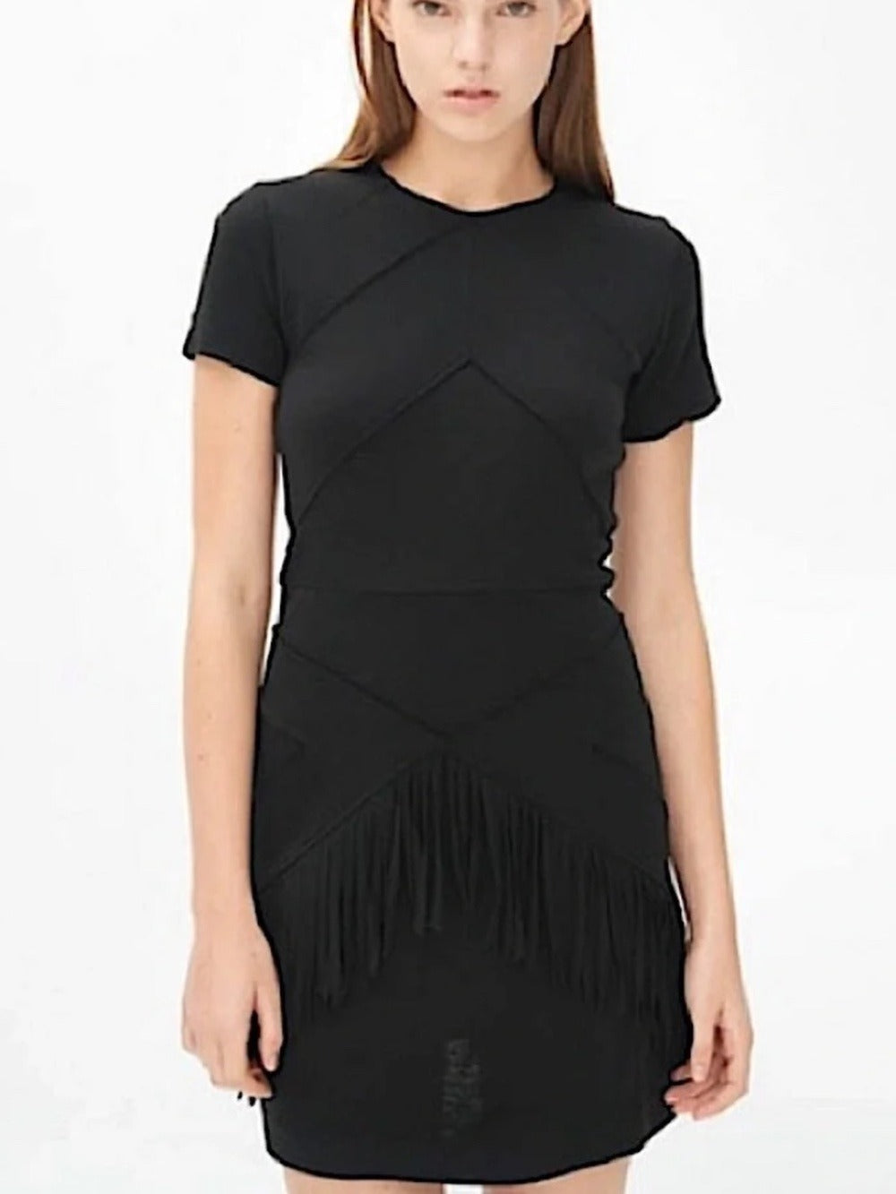 Sandro Ralene Black Wool Blend Stretch Fringe Dress - size 2 (Medium) - Image 3