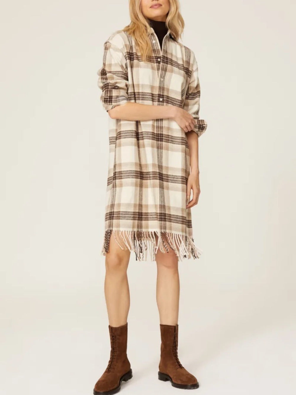 Polo Ralph Lauren Plaid Fringe Shirt Dress Cream Brown - size 8 - Image 4