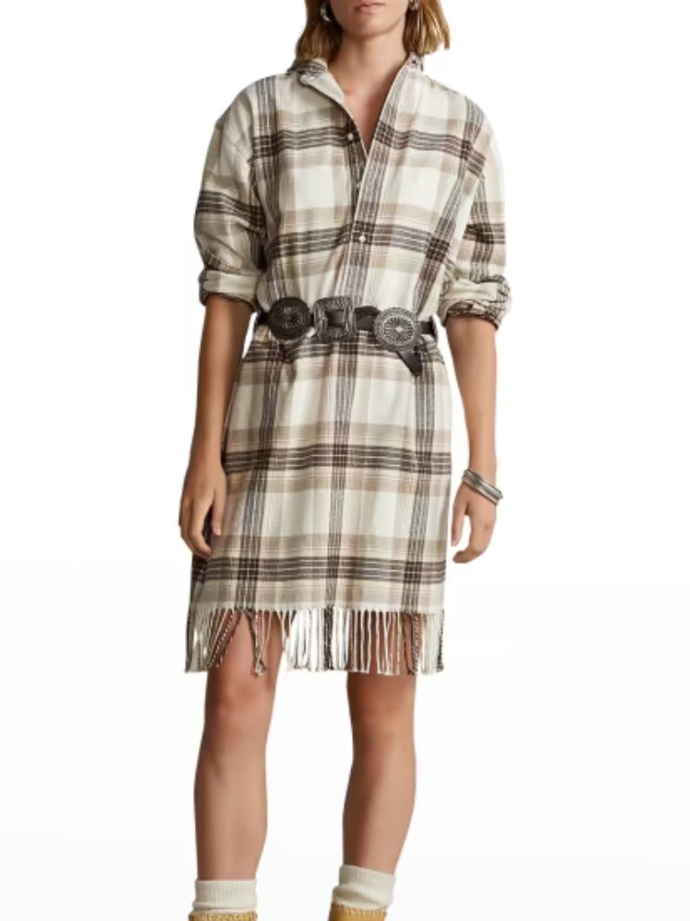Polo Ralph Lauren Plaid Fringe Shirt Dress Cream Brown - size 8 - Image 2