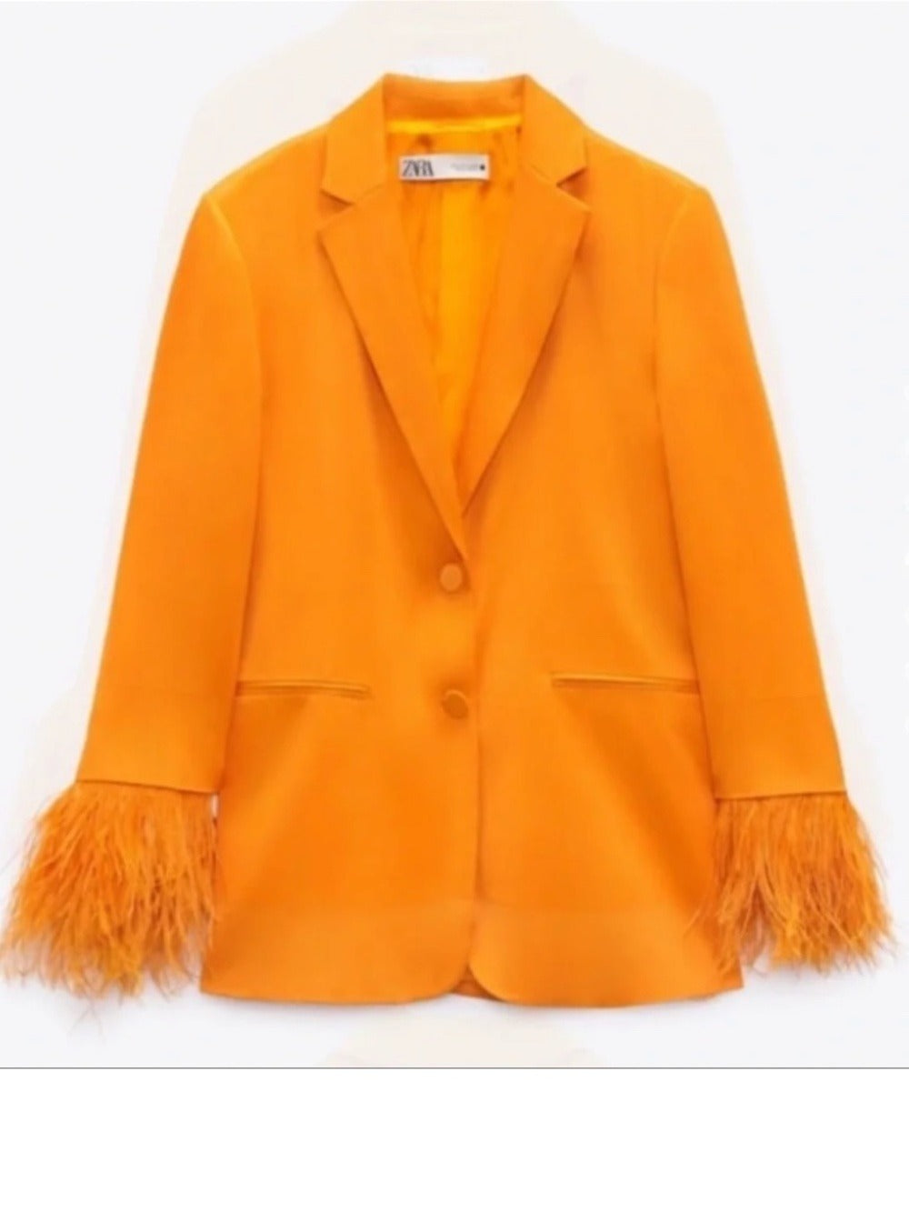 Zara‎ Bright Orange Satin Blazer with Feather Cuffs - XS 🌟 - Image 2
