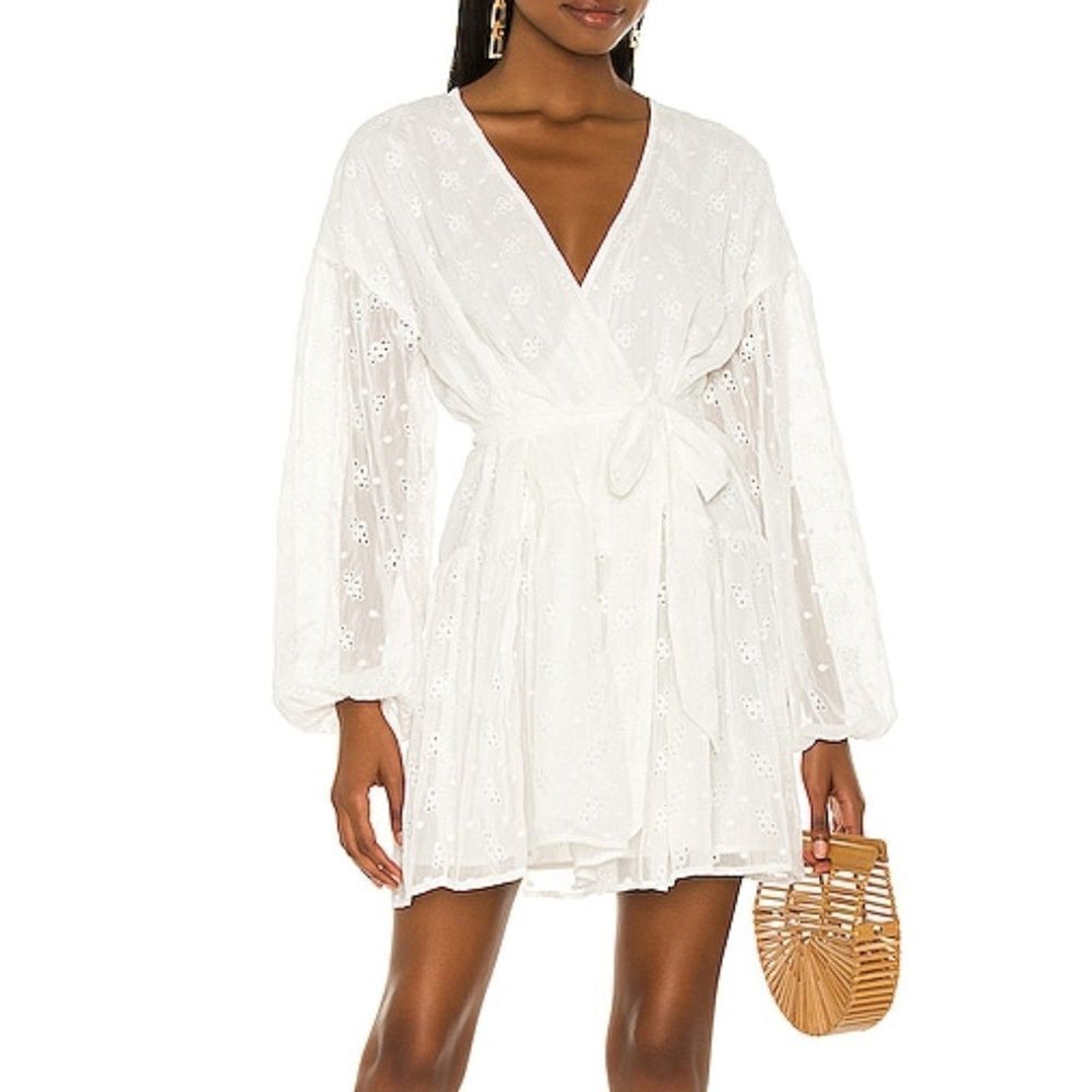 NWOT MINKPINK Jessika Drop Waist Mini Dress Eyelet Balloon Sleeve - size small