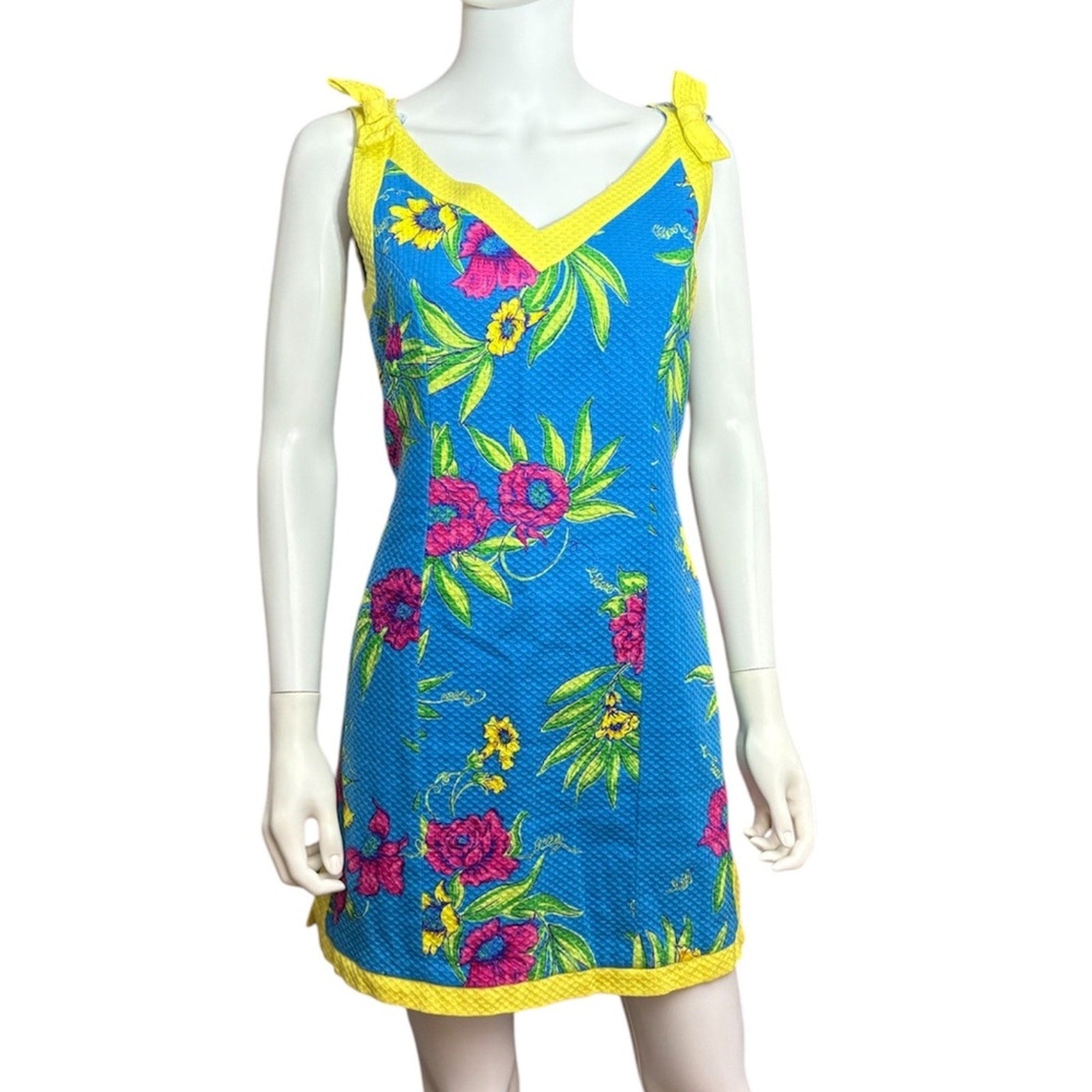 Lilly Pulitzer white label Floral yellow trim blue dress - size 10
