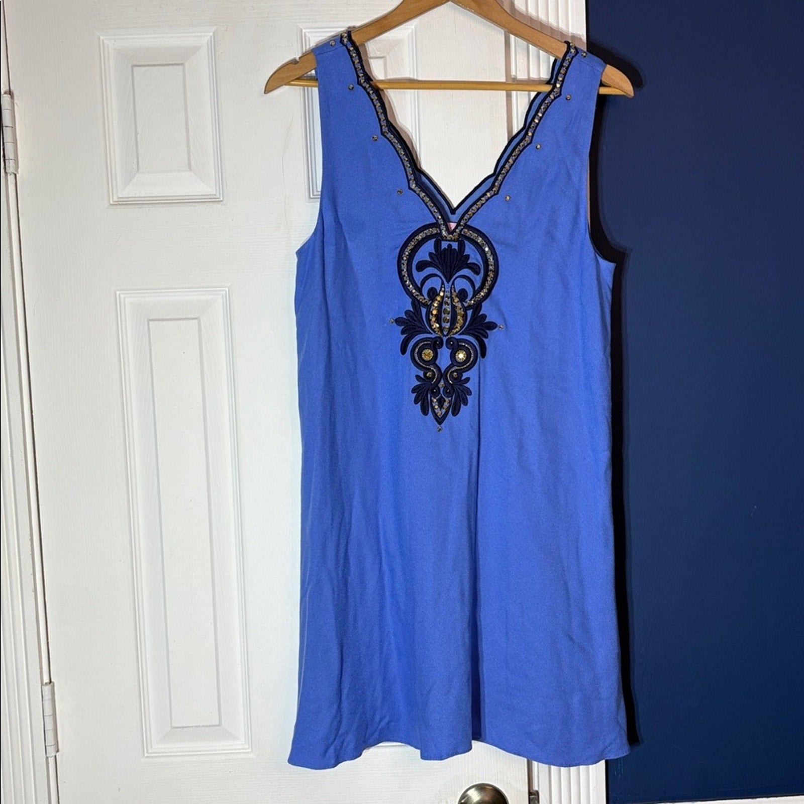Lilly Pulitzer OWEN DRESS Beacon Blue Embroidered Navy Gold Beaded - size M