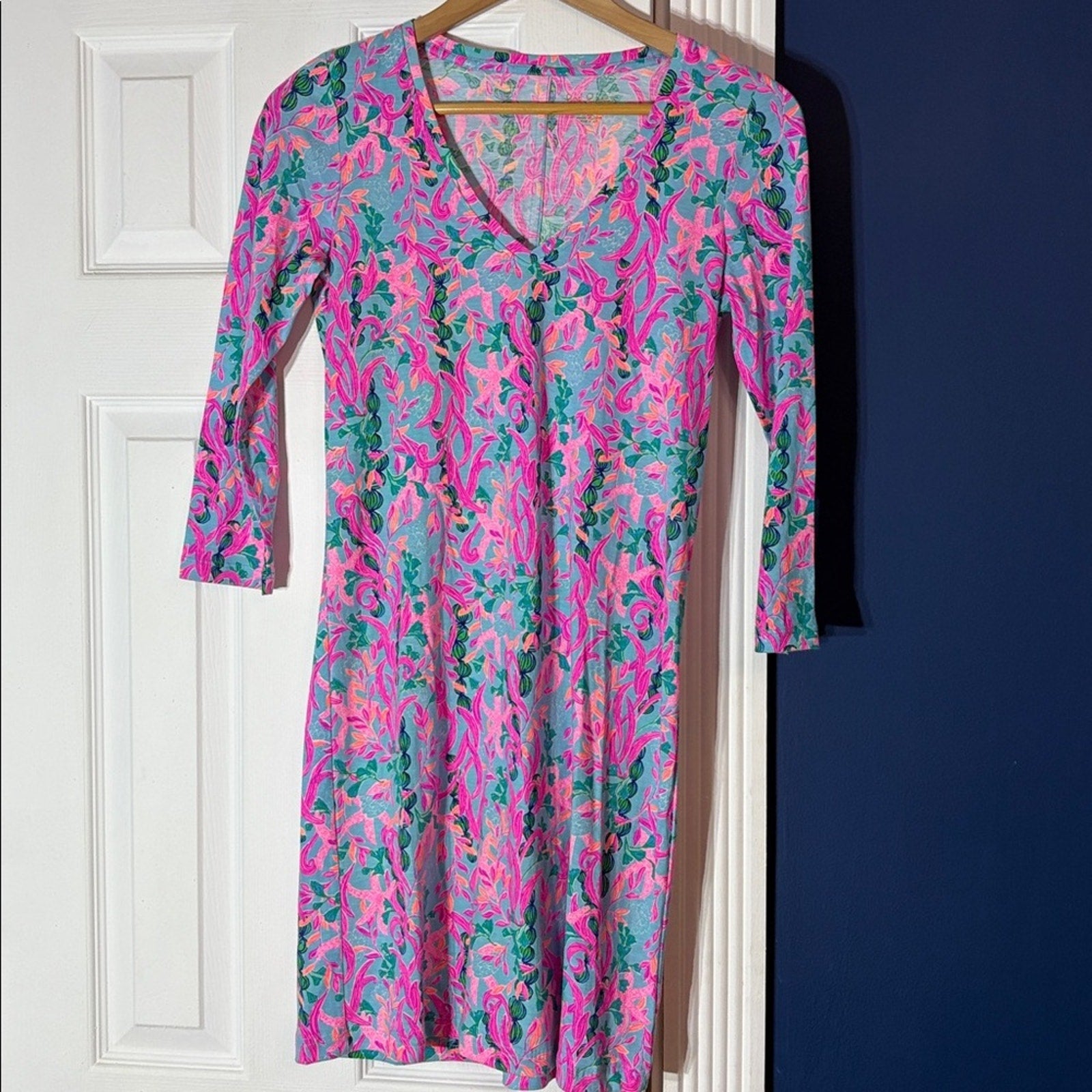 Lilly Pulitzer Tessa Multi Seaweed Samba Pima Knit V-Neck Shirt Dress  - XS