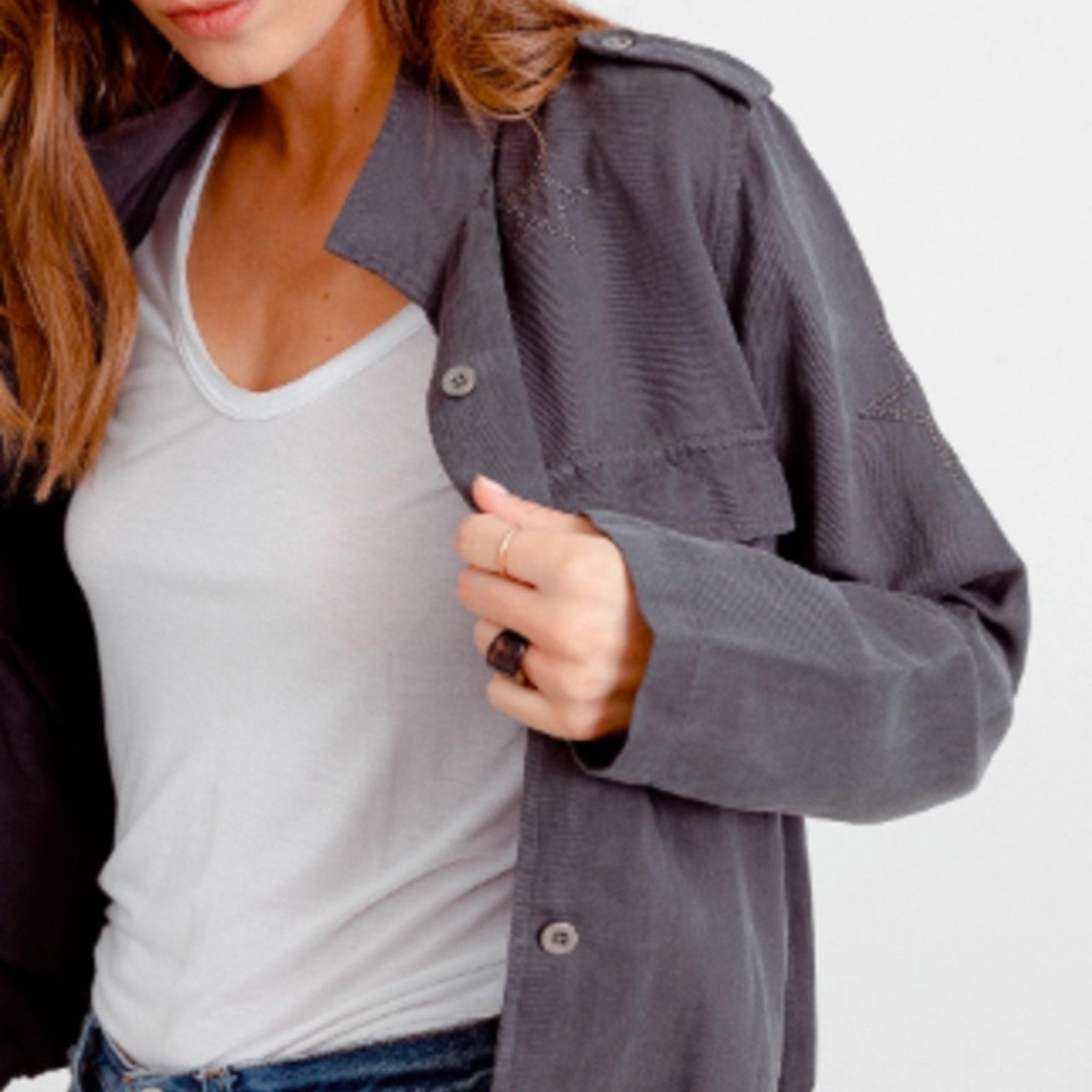 Rails Rowen Linen Blend Star Embroidery Jacket in Dark Gray - size M