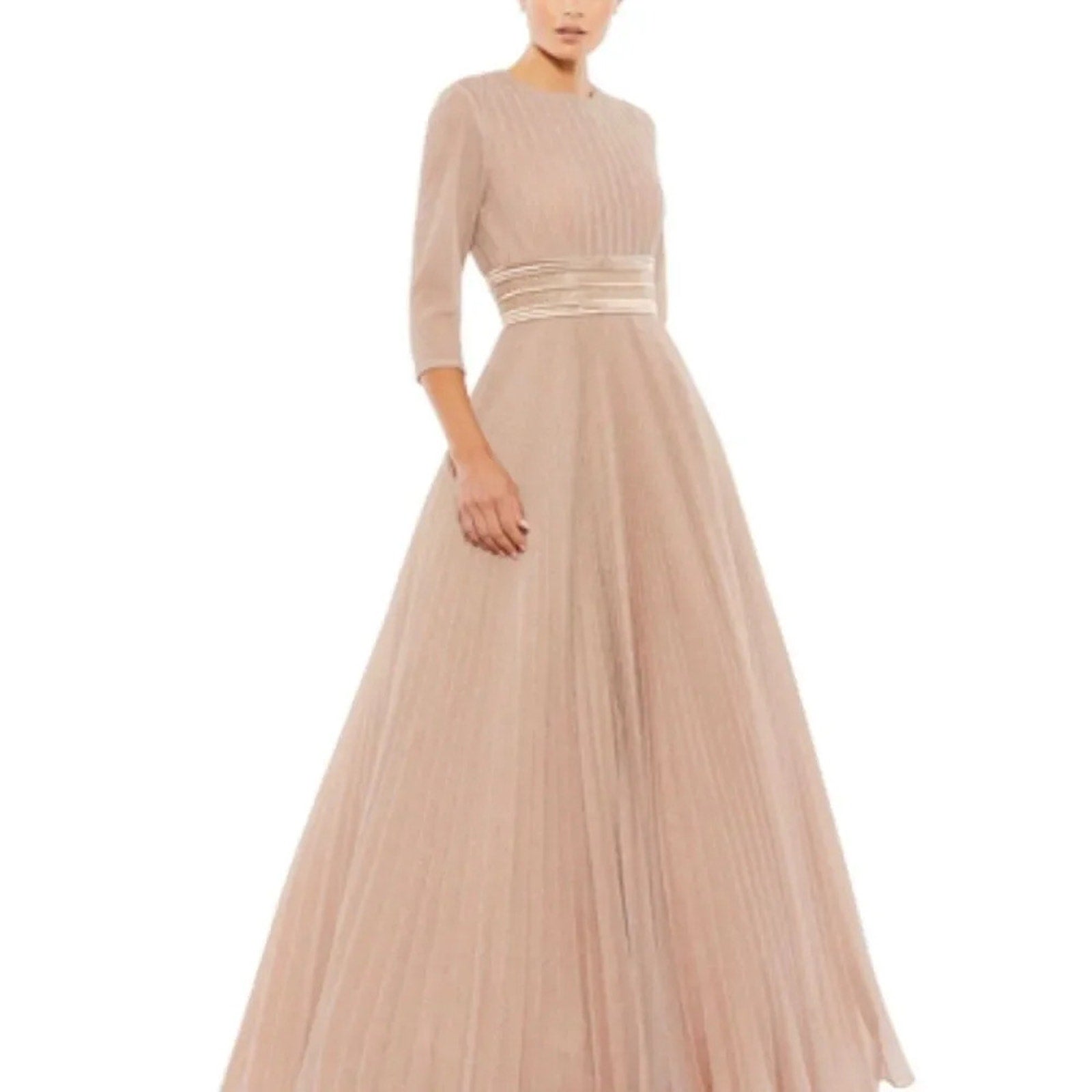 NWT Mac Duggal Shimmering Pleated A-line 3/4 Sleeve Gown In Rose/gold - size 6
