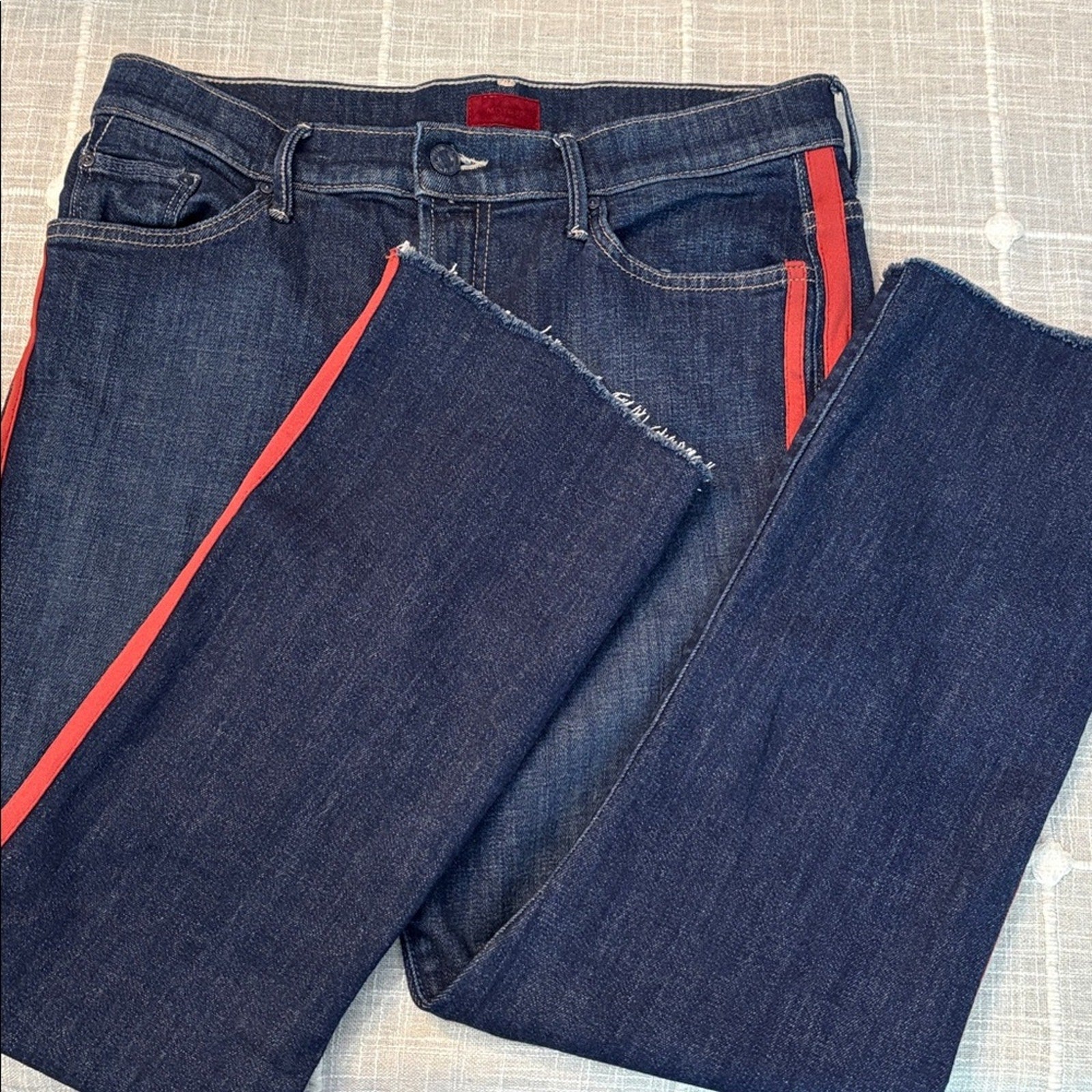 MOTHER The Looker Blue Ankle Fray Skinny Jean Red Tuxedo Stripes - size 30