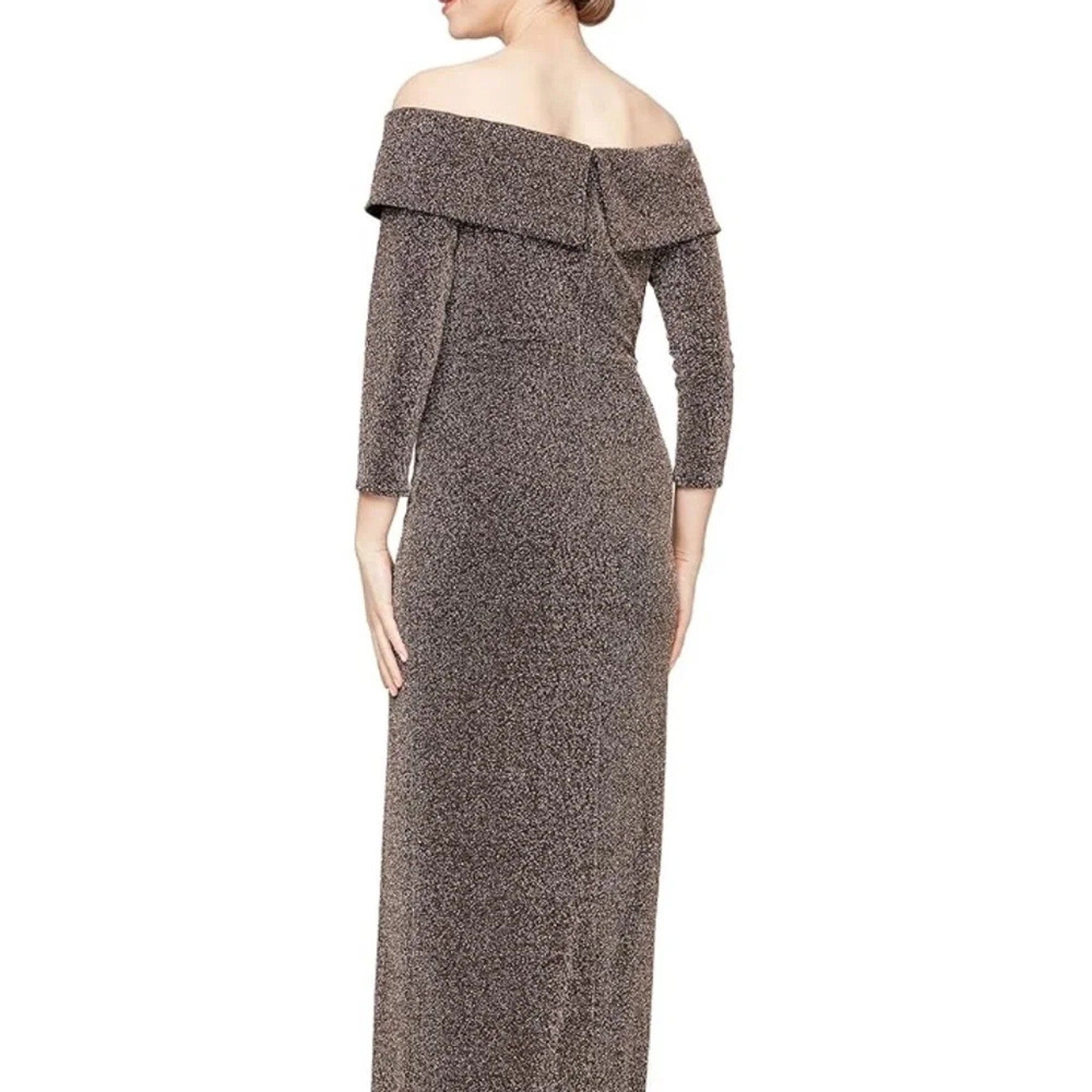 NWT Alex Evenings Metallic Off the Shoulder Knit Sheath Gown - size 8