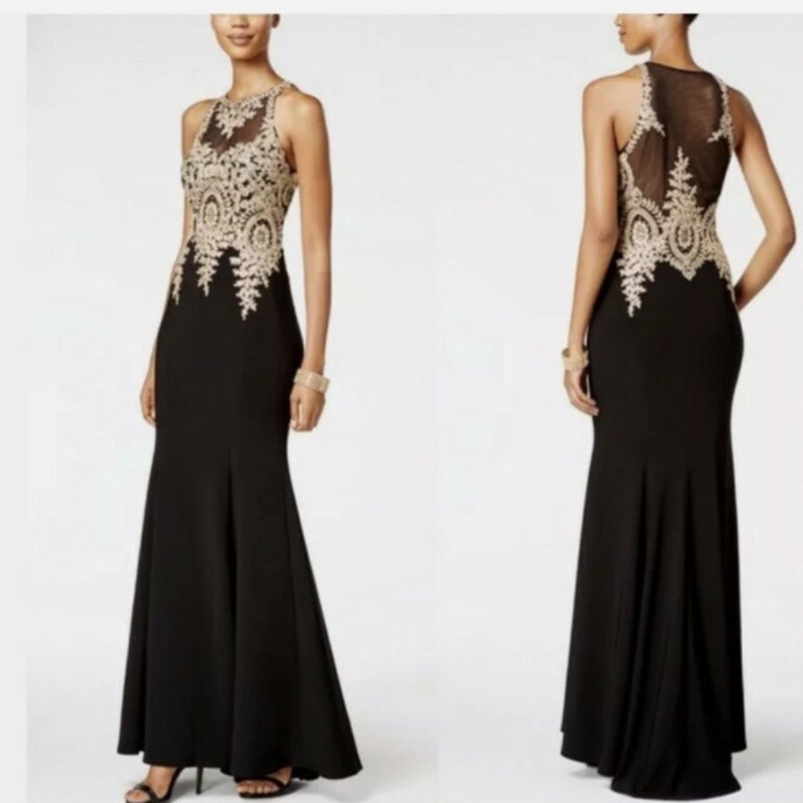 Xscape Women's Black Embroidered Soutache Illusion Gown Dress Size 2