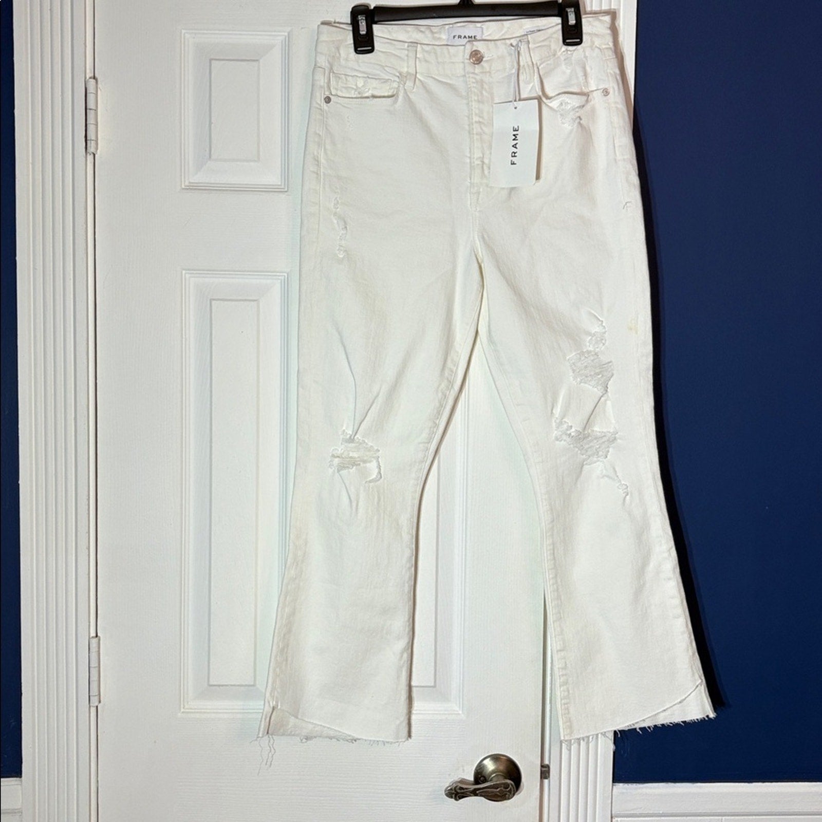 NWT Frame Le Super High Crop Mini Boot Jeans In Au Natural Destruct Off White 30