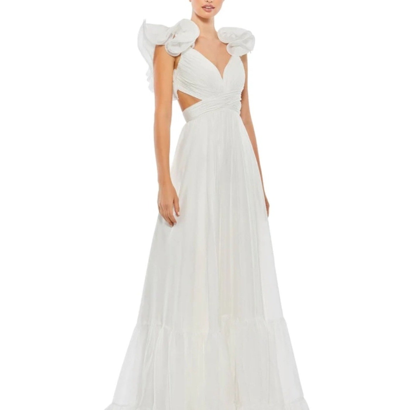 NWT Mac Duggal Indy A-Line Ruffled Back-Lace Chiffon Gown 67911 - size 8