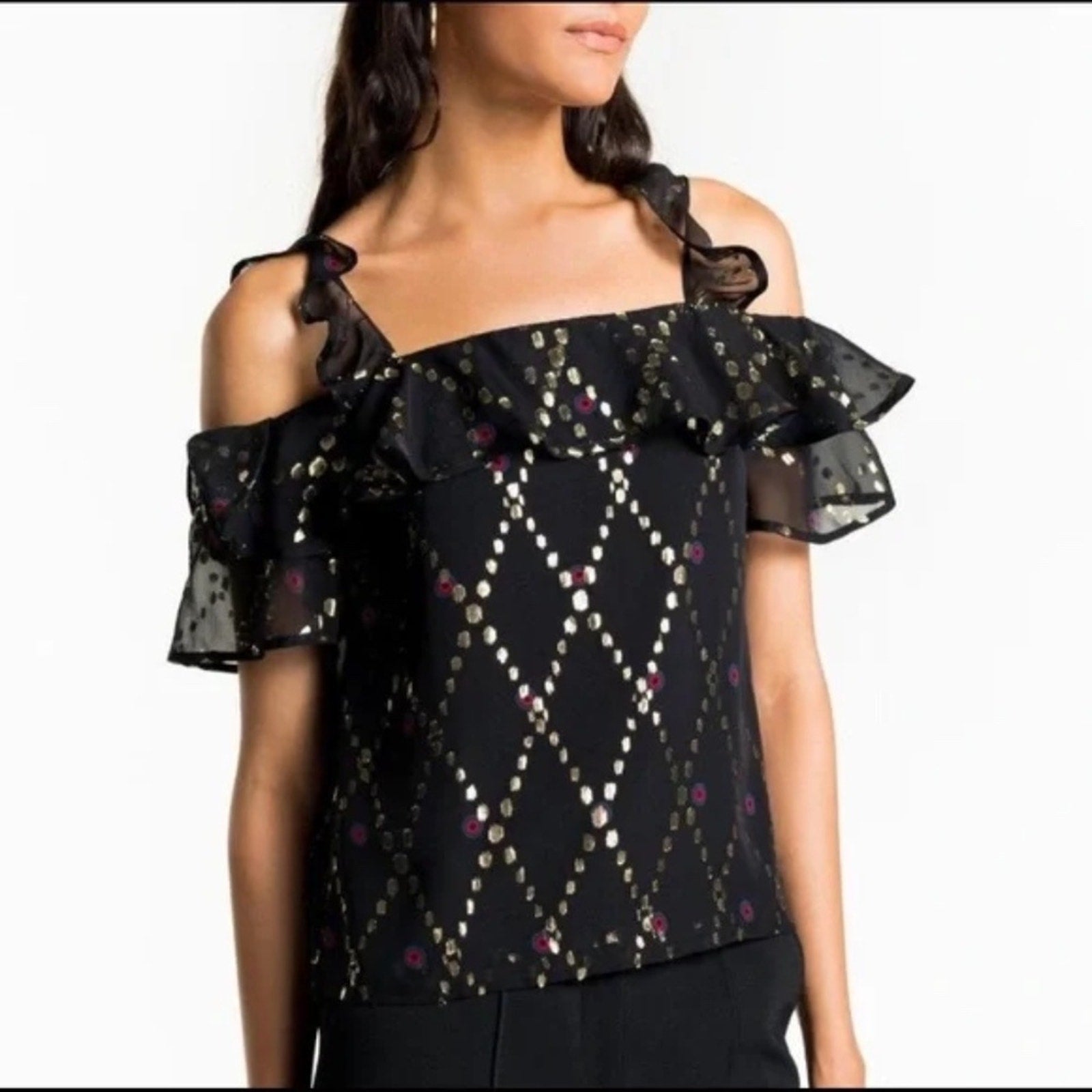 A.L.C Willow Silk Metallic Ruffle Cold Shoulder Blouse Size 6