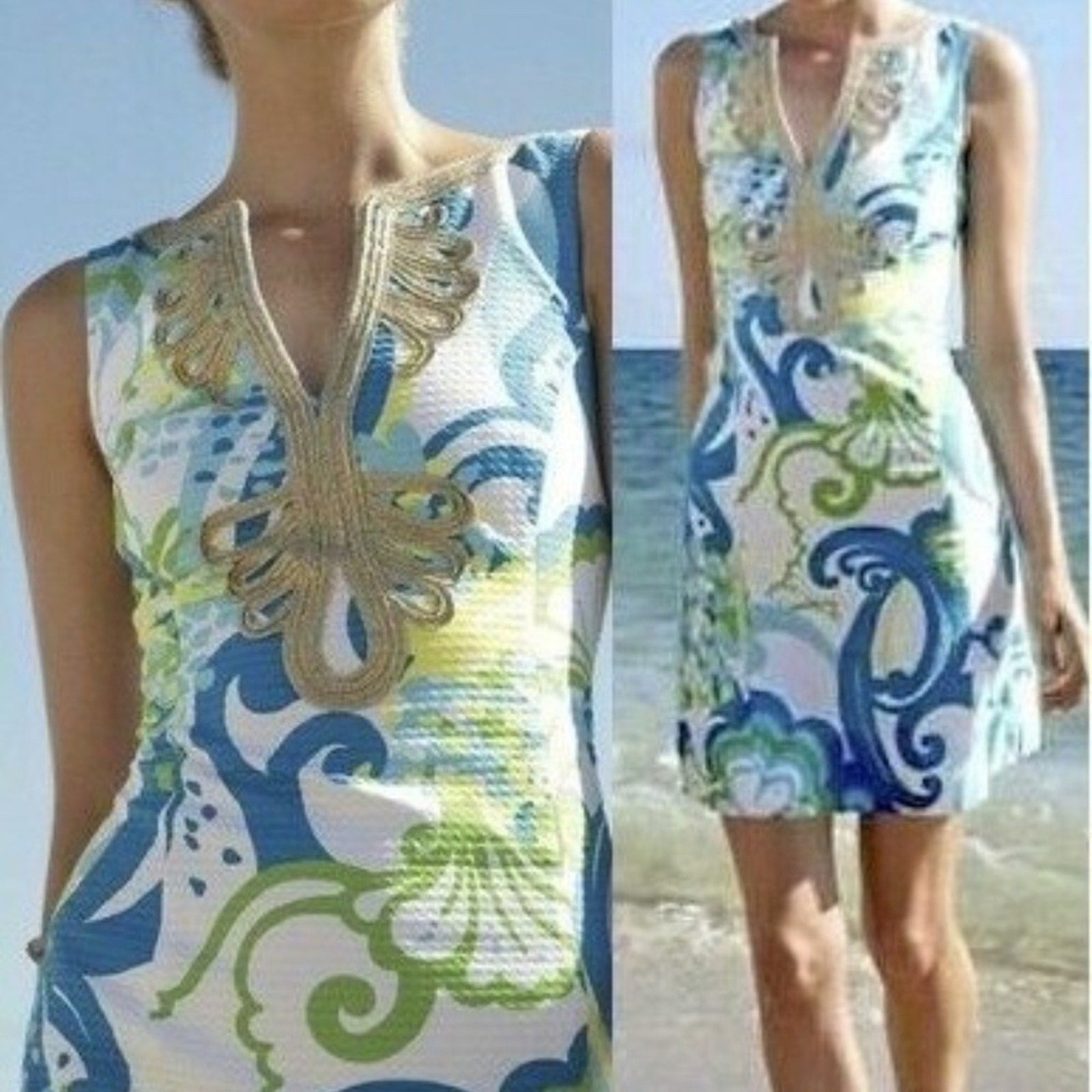 Lilly Pulitzer Janice Resort White Crystal Cost Shift Gold Soutache Dress - sz 2