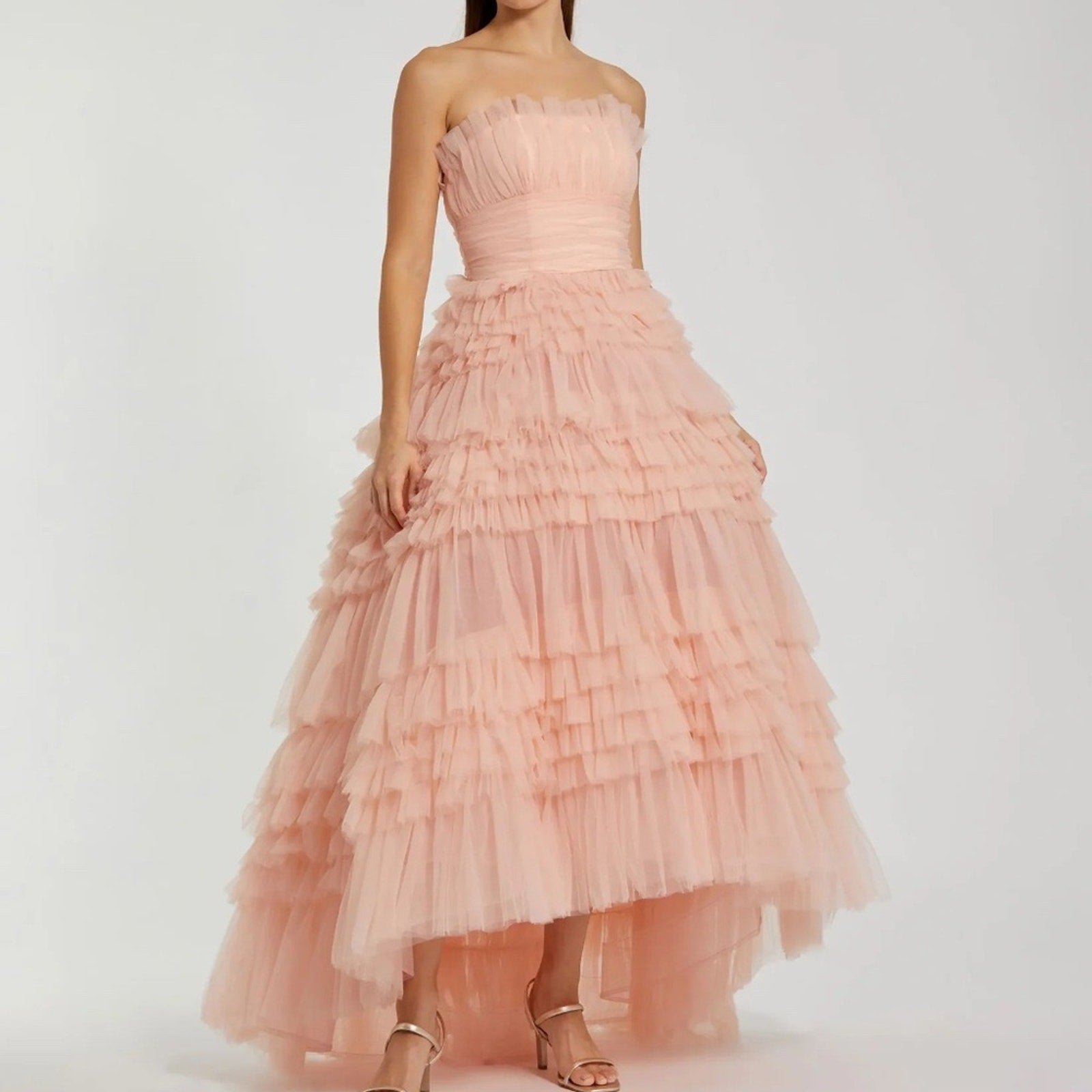 MAC DUGGAL Pink Strapless Tulle Ruffle Gown - size 6