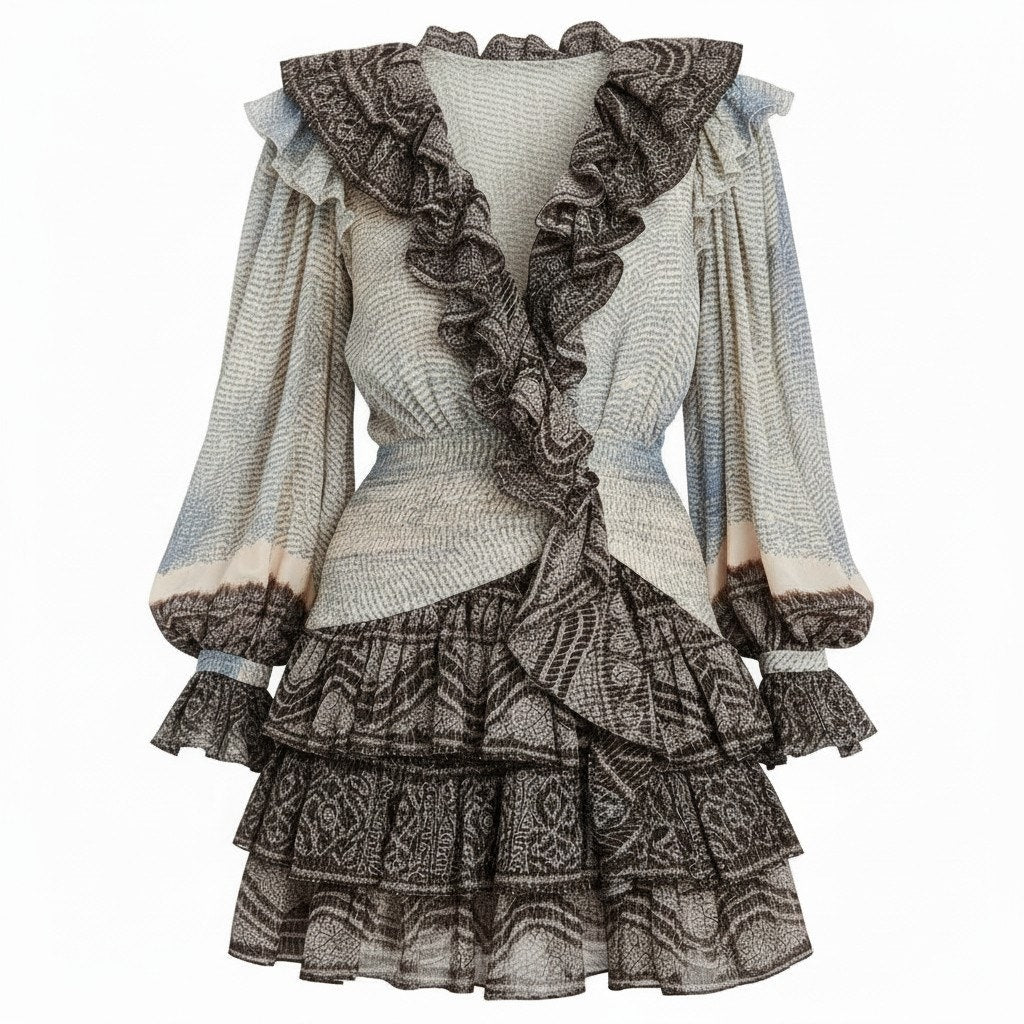 NWT Ulla Johnson Sara Moonstone Metallic Lurex Long Sleeve Ruffled Dress - 12