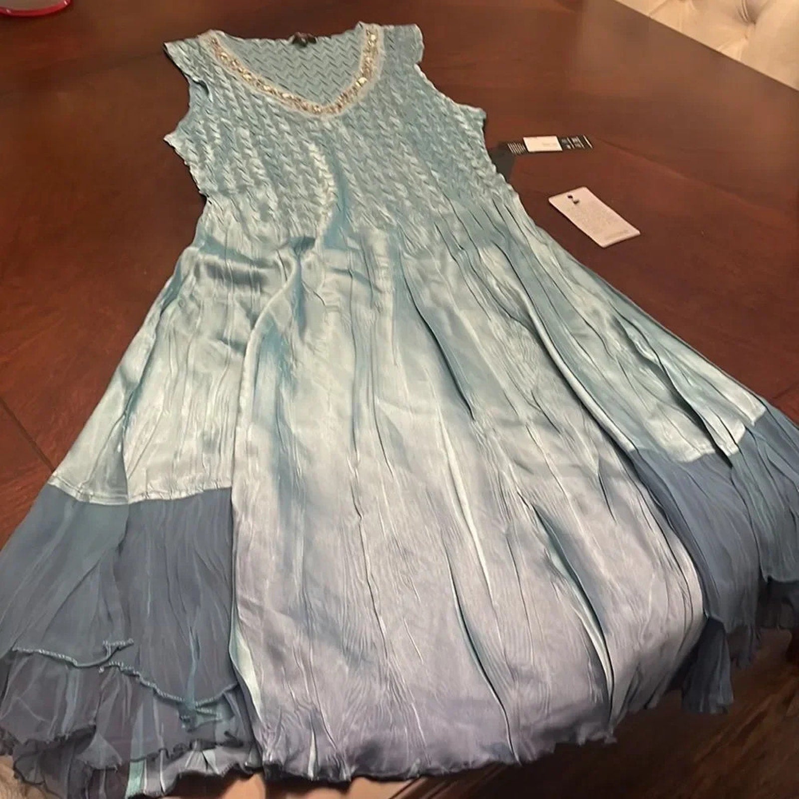 NWT Komarov Blue Ombre Beaded Charmeuse and Chiffon Tier Dress - size Small