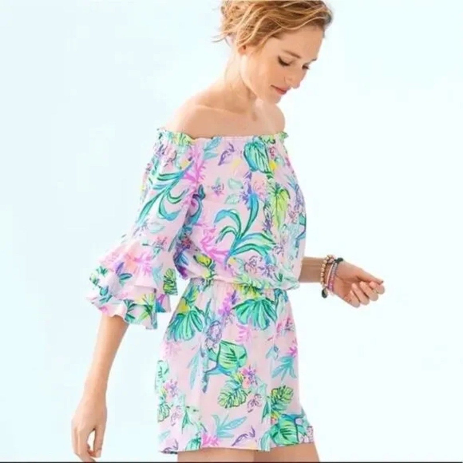 LILLY PULITZER Romper Pink Lime-Green”Calla”Off/On-Shoulder Ruffle Flounce - XS