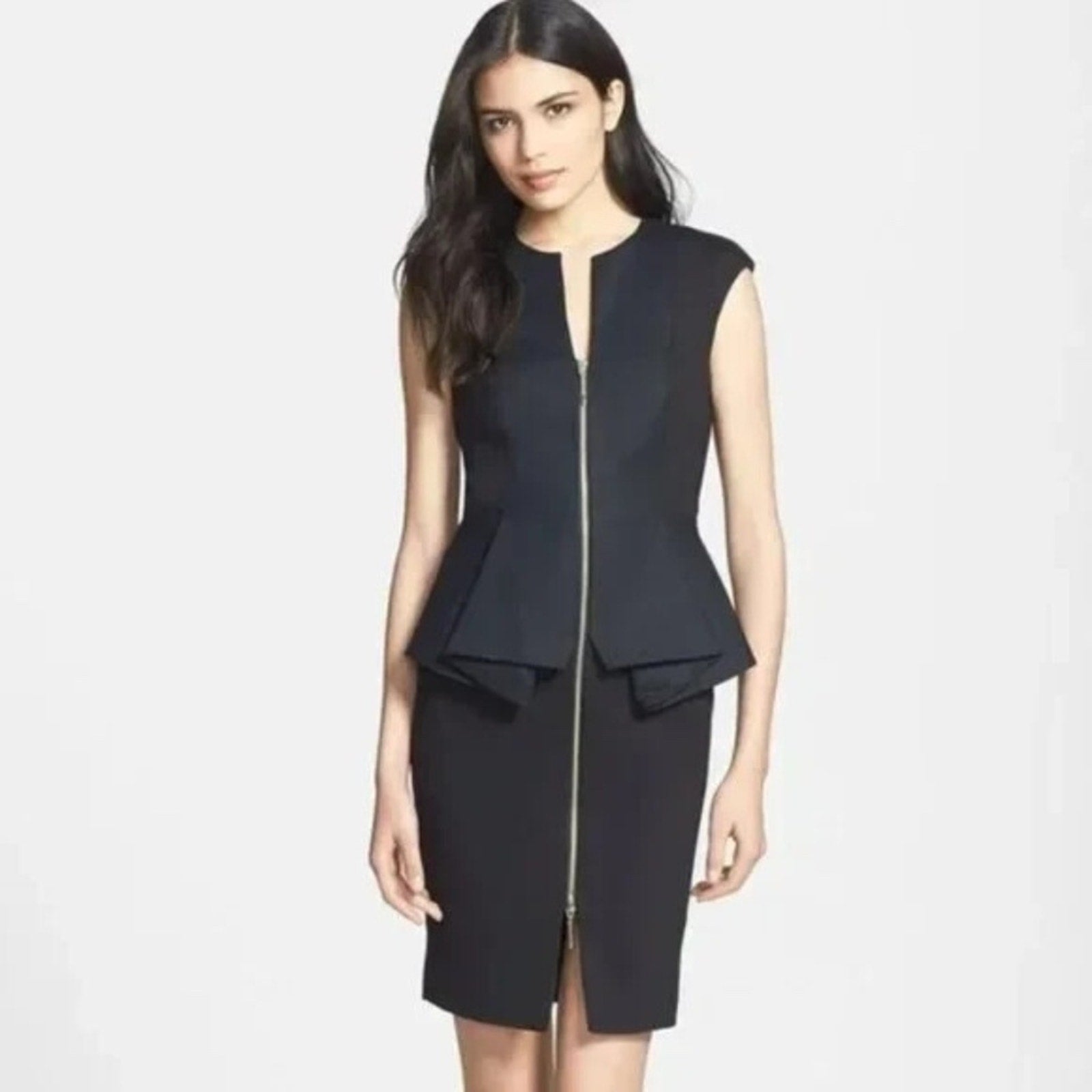 Ted Baker London Peplum Dress Cap Sleeve Sheath Front Zip Jumana Black - size 6