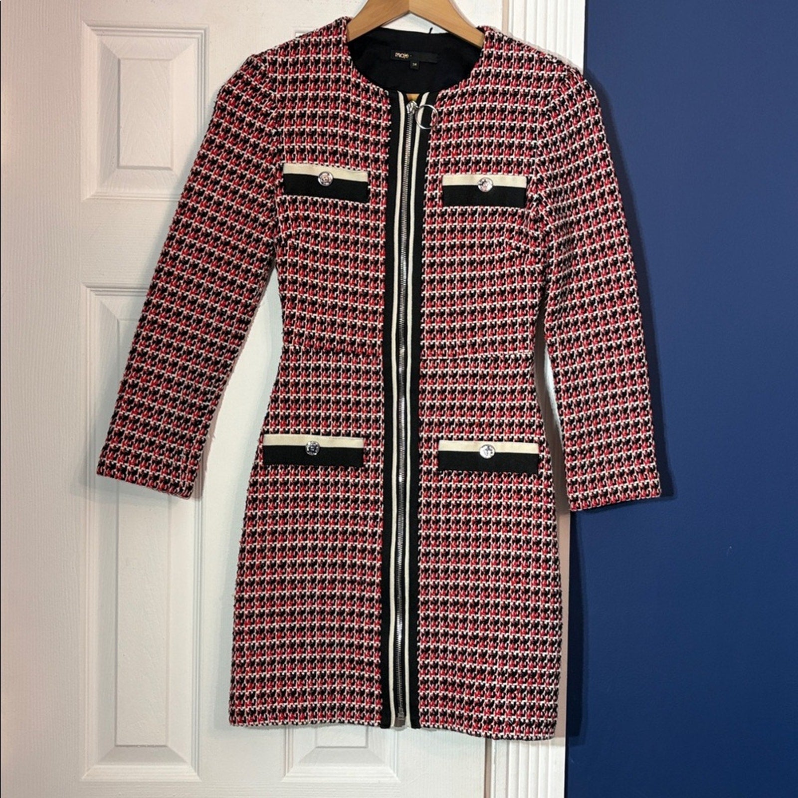 Maje Romane Tweed Dress NEW Red Black Full Zip Long Sleeve Mini - size 34