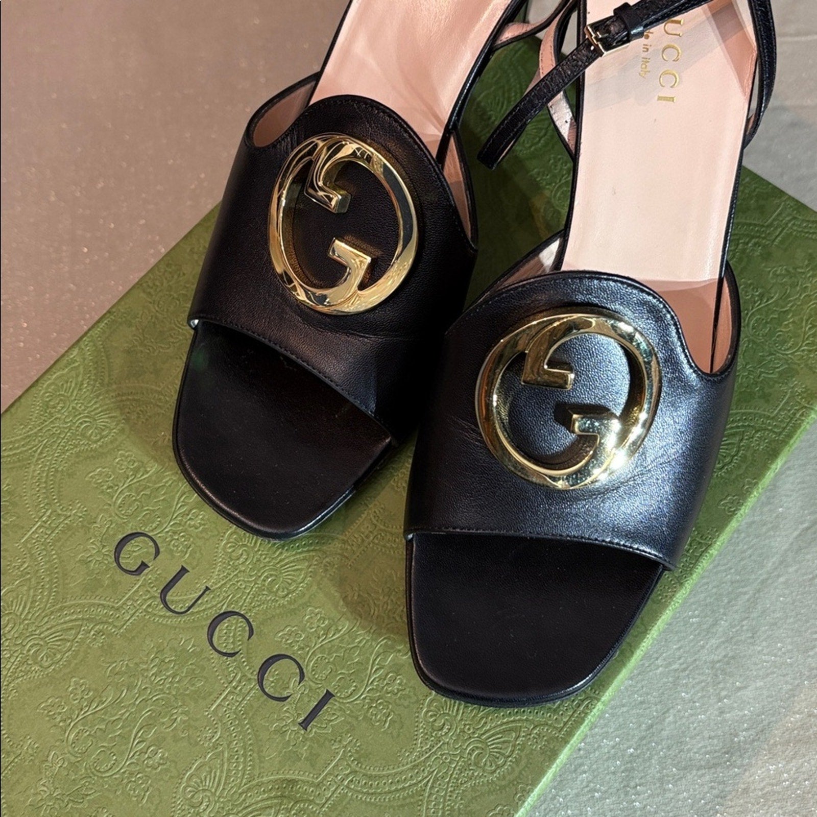 Gucci Blondie Heels Sandals Shoes Black Leather - 38 1/2