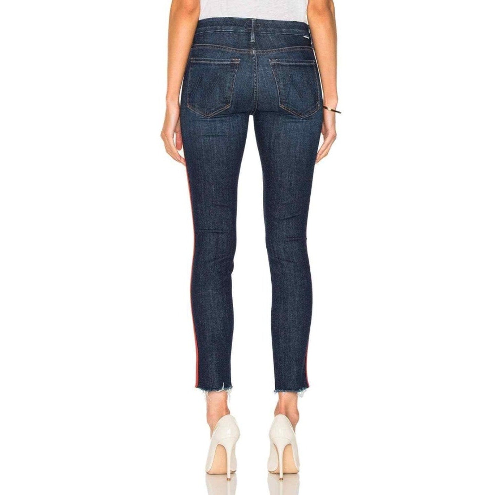 MOTHER The Looker Blue Ankle Fray Skinny Jean Red Tuxedo Stripes - size 30