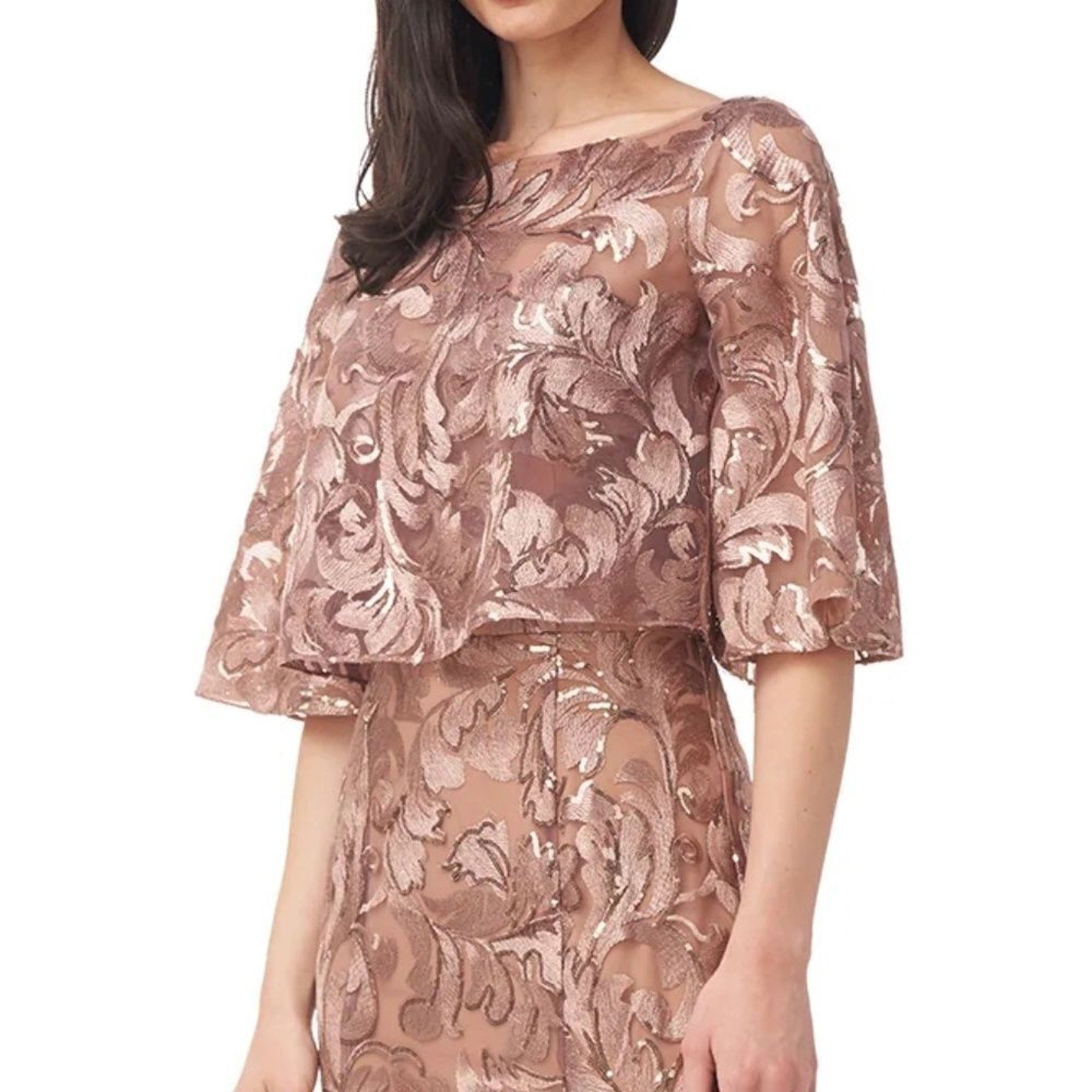 NWT JS Collections Evalina Column Gown Boat Neck in Mink / Champagne - size 4