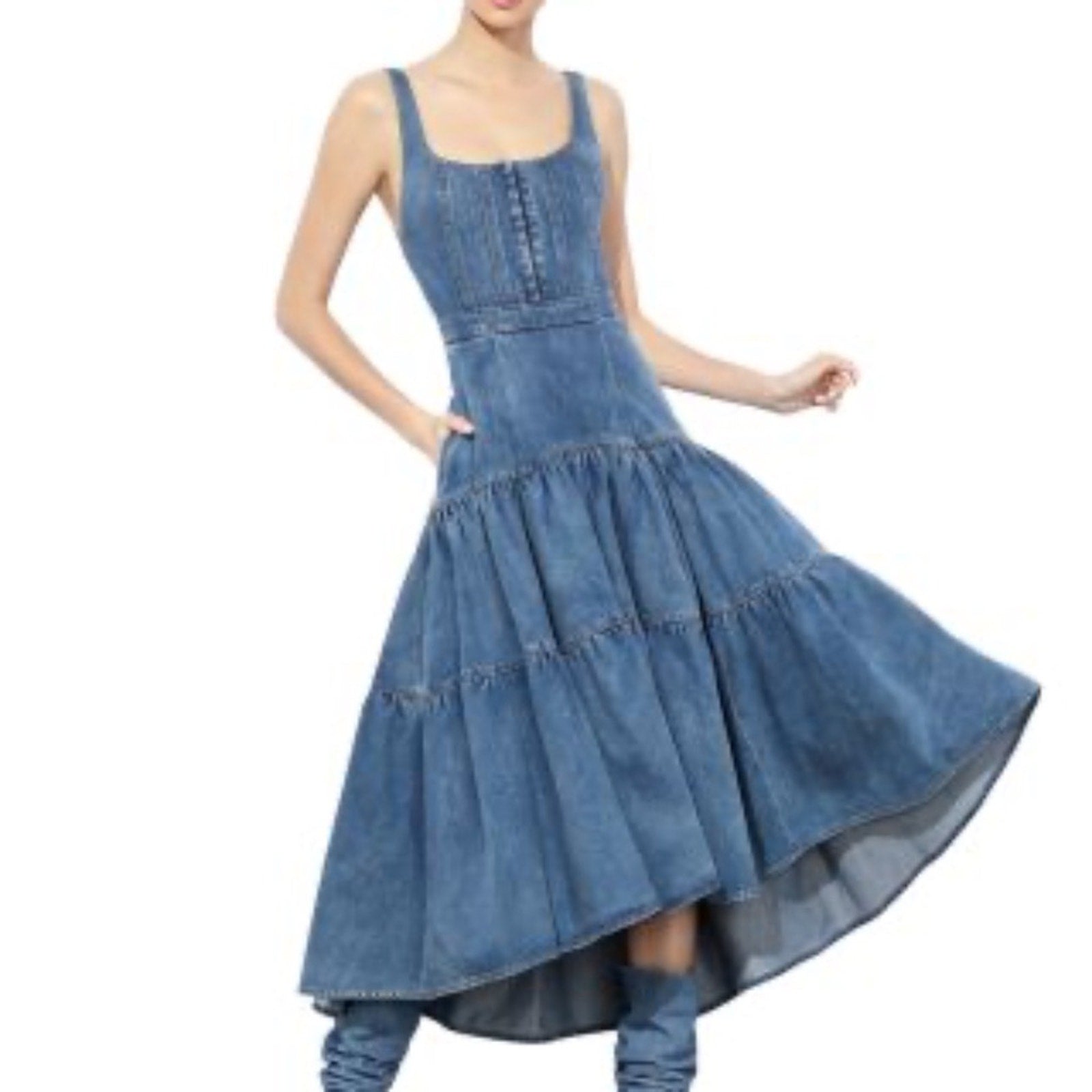 Alice and Olivia Diana Tiered Denim Dress - size 14