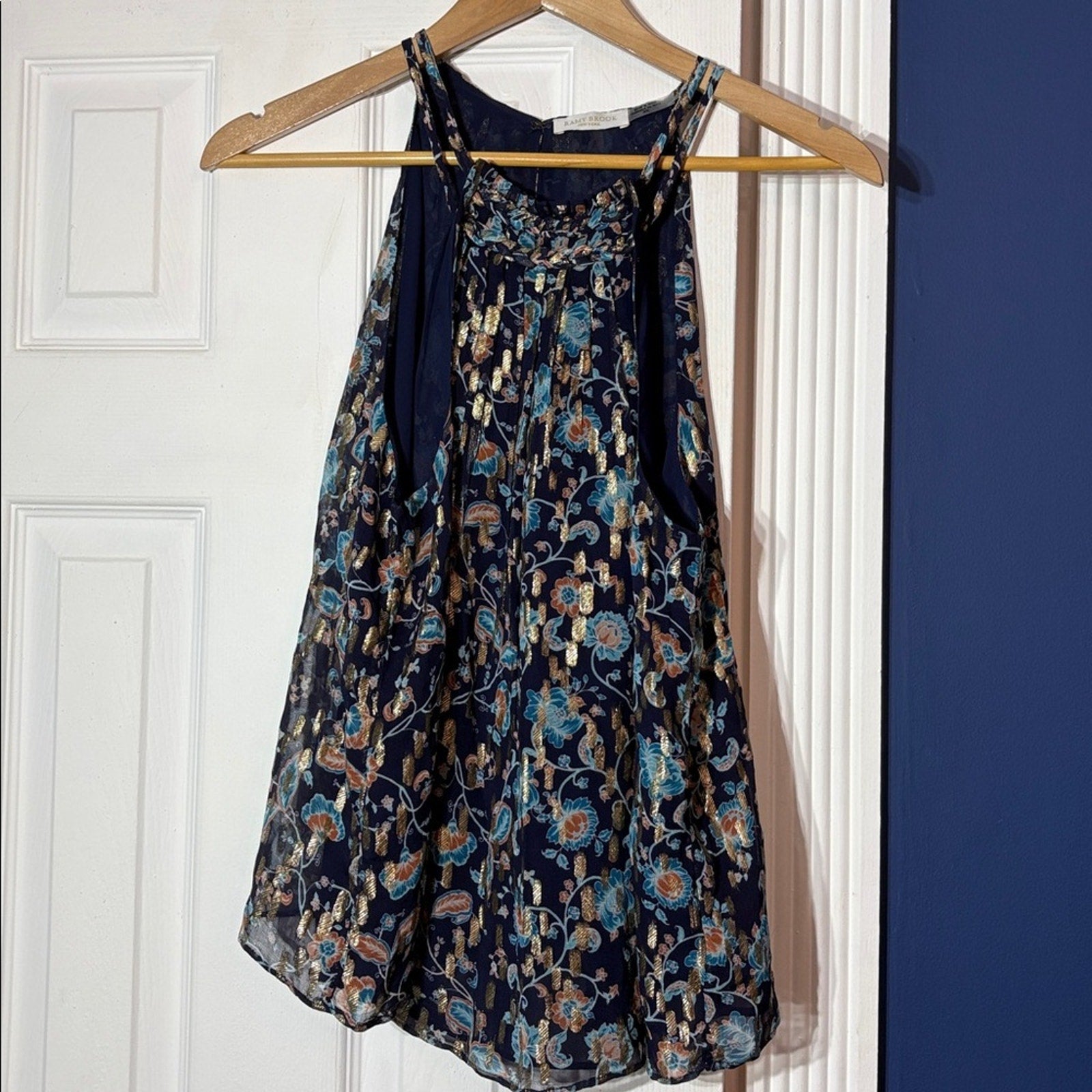 Ramy Brook $295 Kira Metallic Floral Halter Neck Top - size M