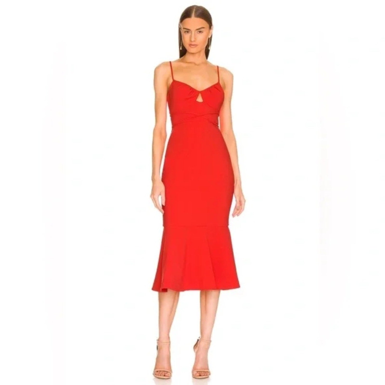 NEW Likely Kiki Cut-Out Ruffle Midi Dress in Bittersweet Red - size 0